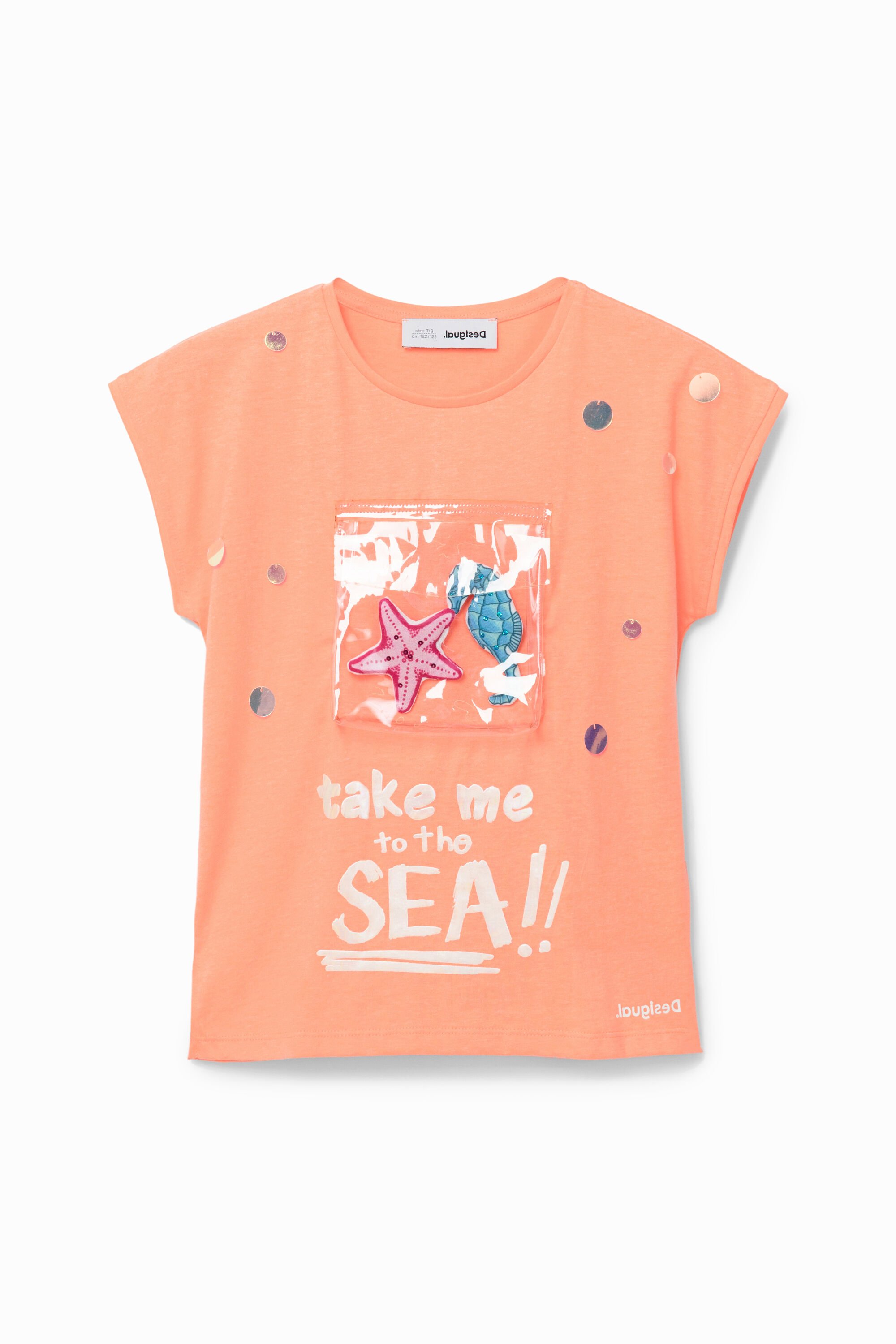 Desigual, T-Shirt mit Tasche und Meeresmotiv, Orange, 3/4