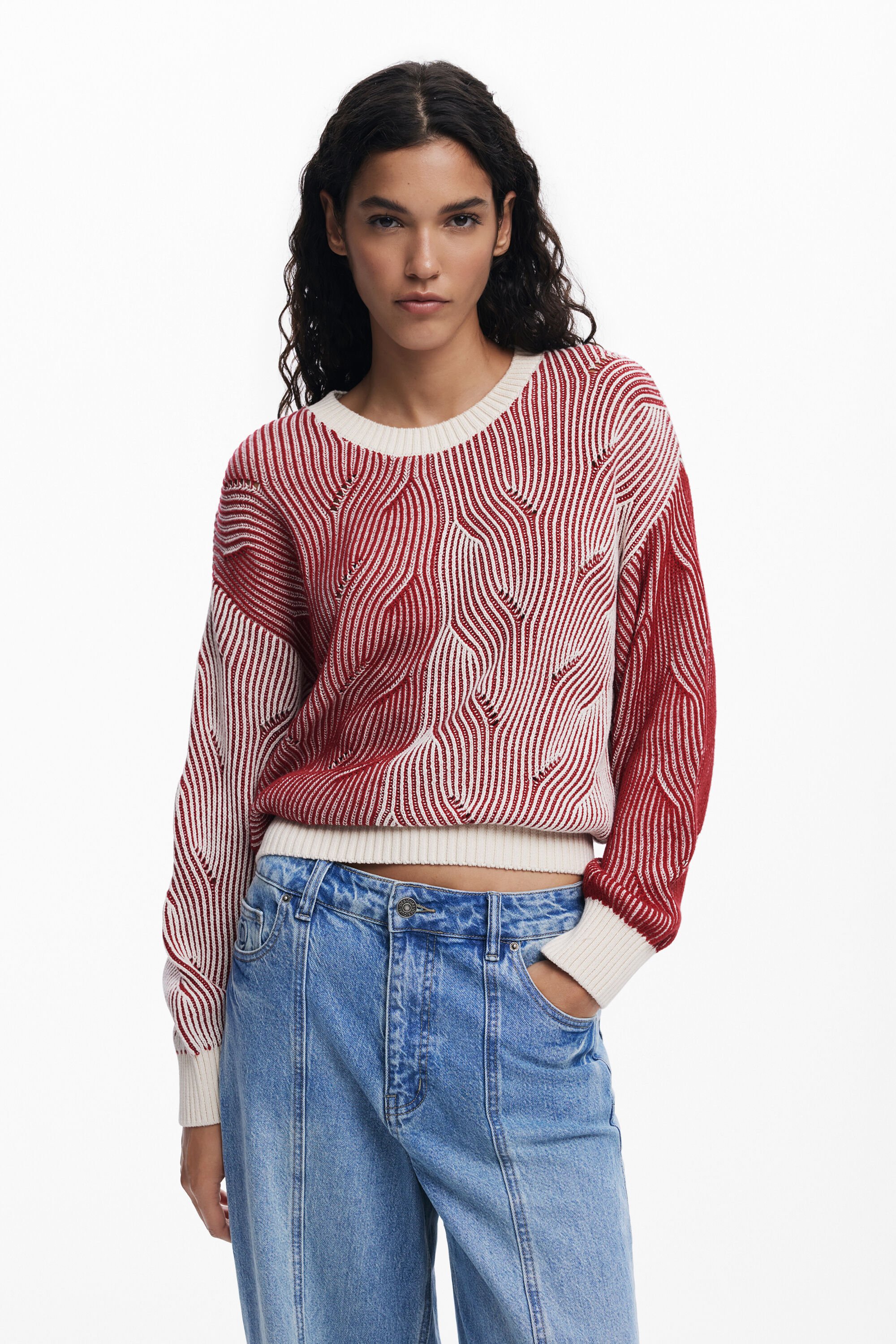 Desigual, Zweifarbiger Strickpullover, Damen, Baumwolle, Rot, XS