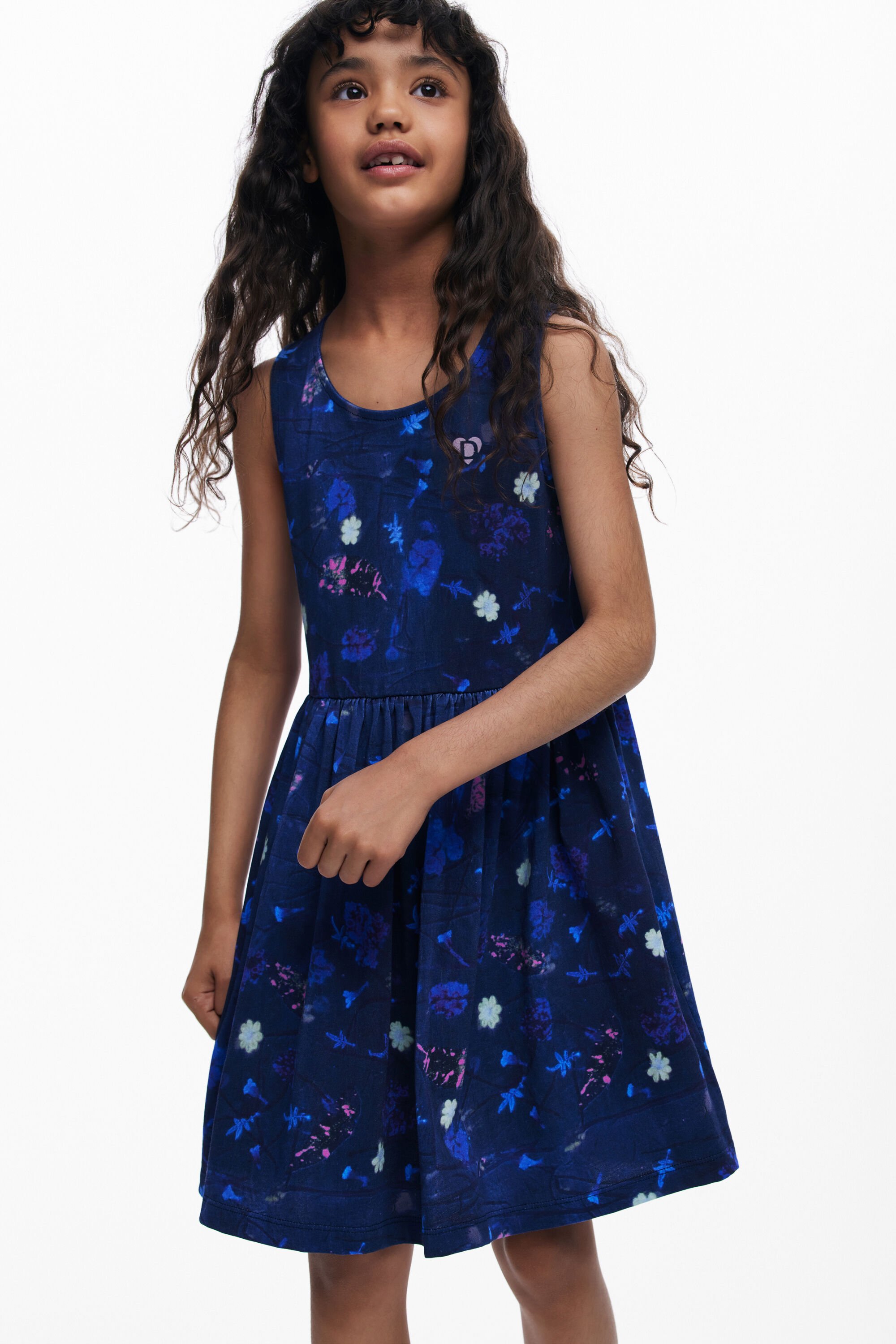 Desigual, Kurzes Kleid mit Blumen und ausgestelltem Schnitt, Kinder, Baumwolle, Blau, 13/14