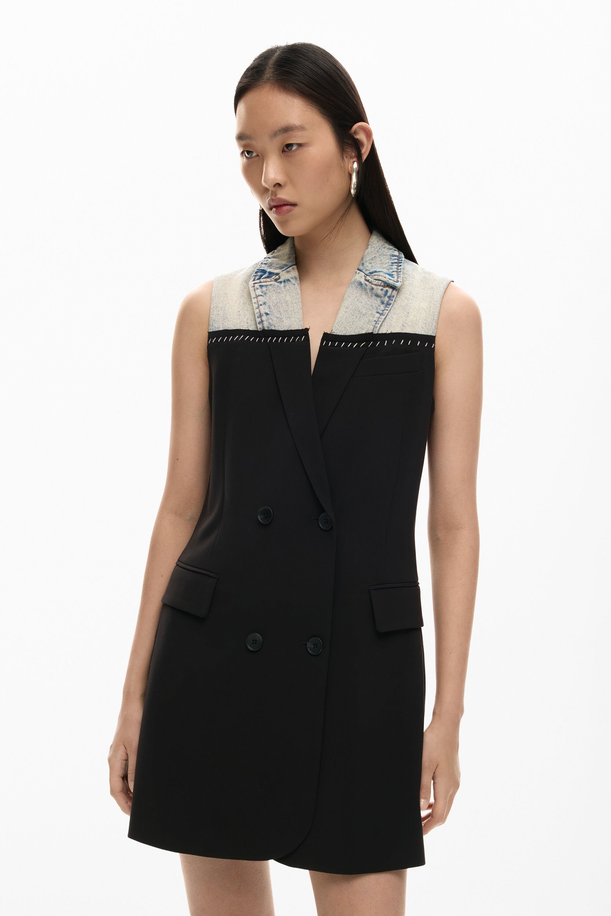 Desigual, Gekreuztes bimaterial kleid, Damen, Schwarz, XL