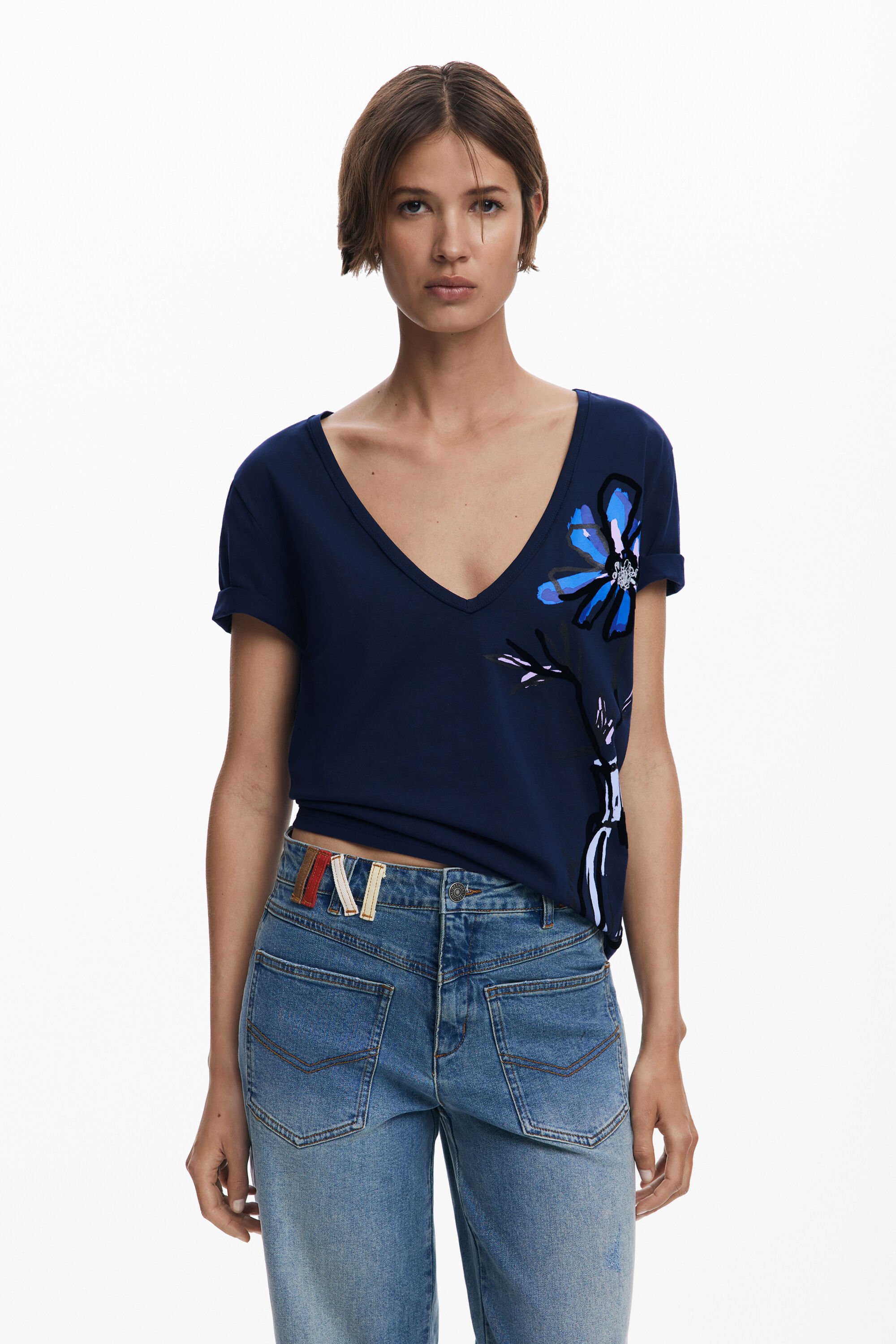 Desigual, V-Ausschnitt T-Shirt mit Vasenmuster, Damen, Baumwolle, Blau, M