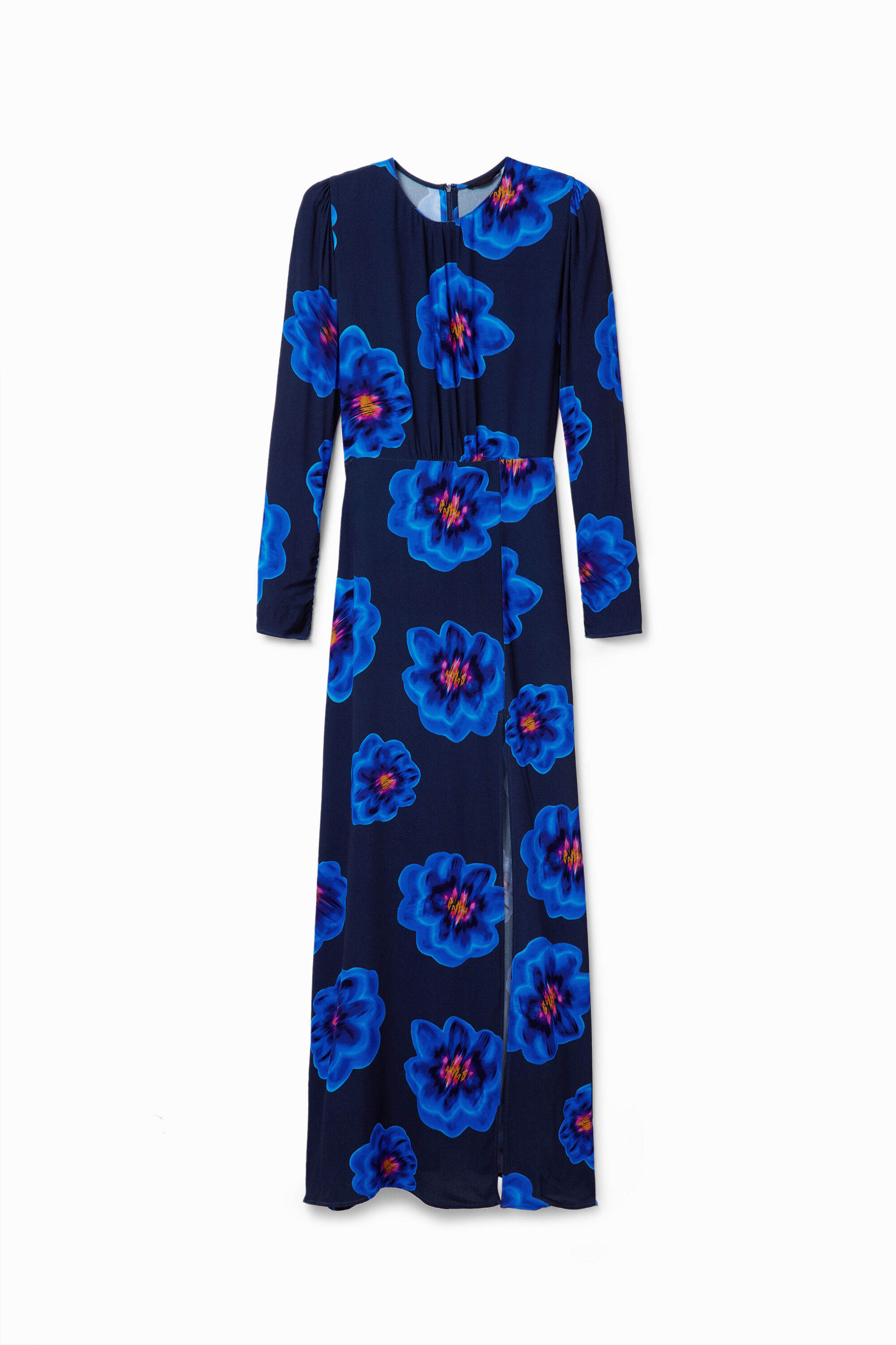Desigual, Langes Kleid Schlitz Blumen, Viskose, Blau, XS
