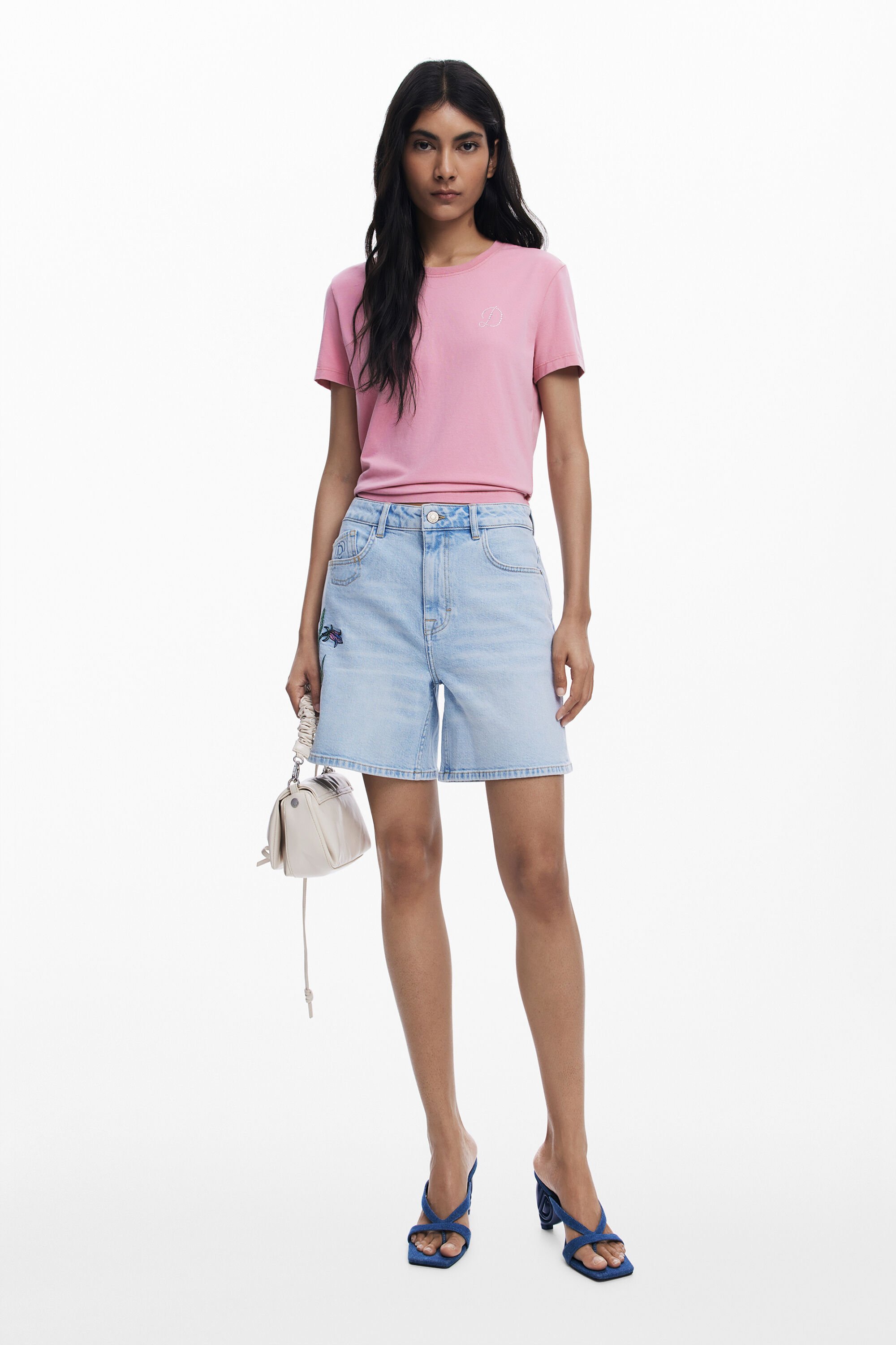 Desigual, Jeans-Bermuda mit Blumenmuster, Damen, Baumwolle, Blau, 38