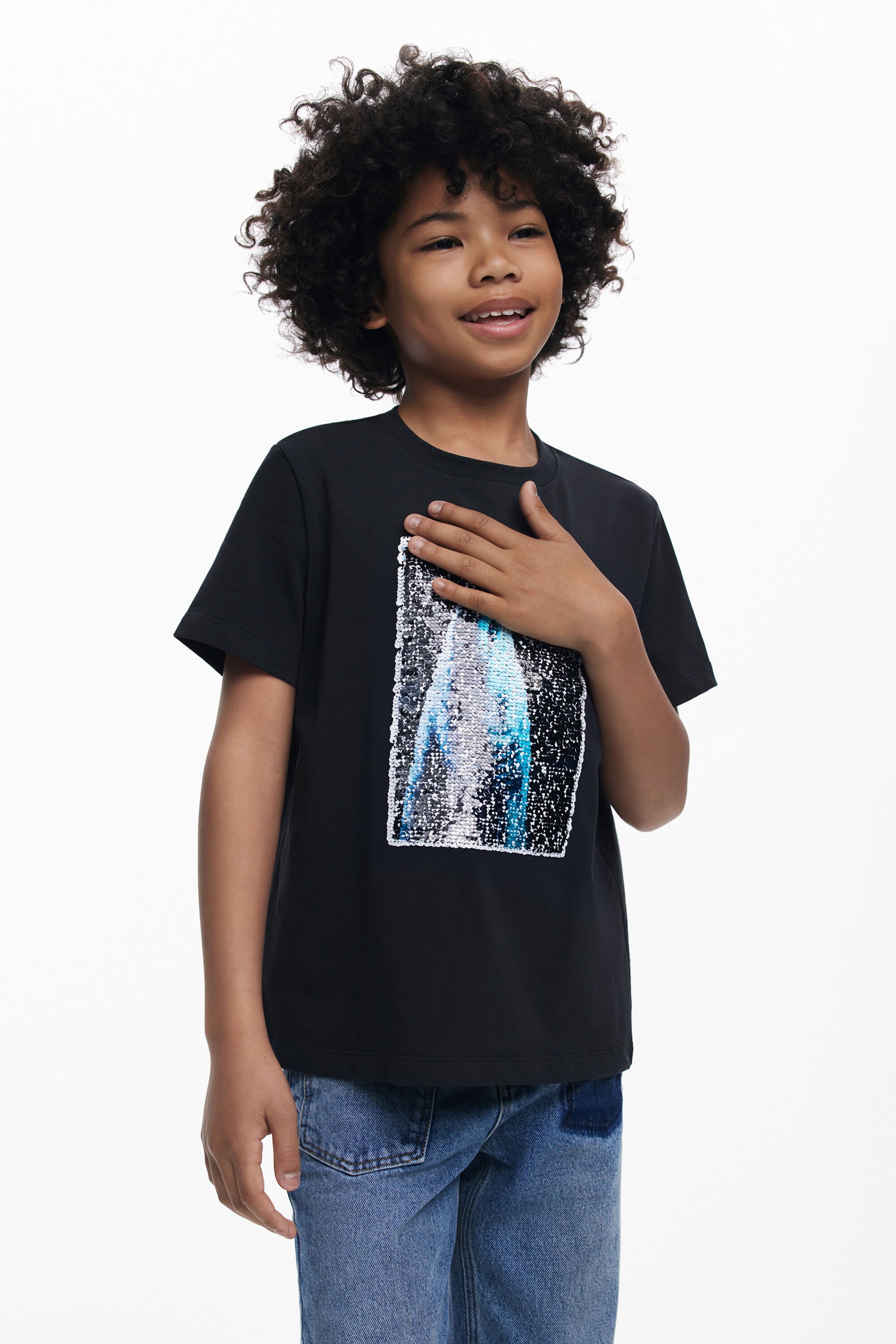Desigual, Kurzarm-T-Shirt mit Pailletten Botter, Kinder, Baumwolle, Schwarz, 11/12