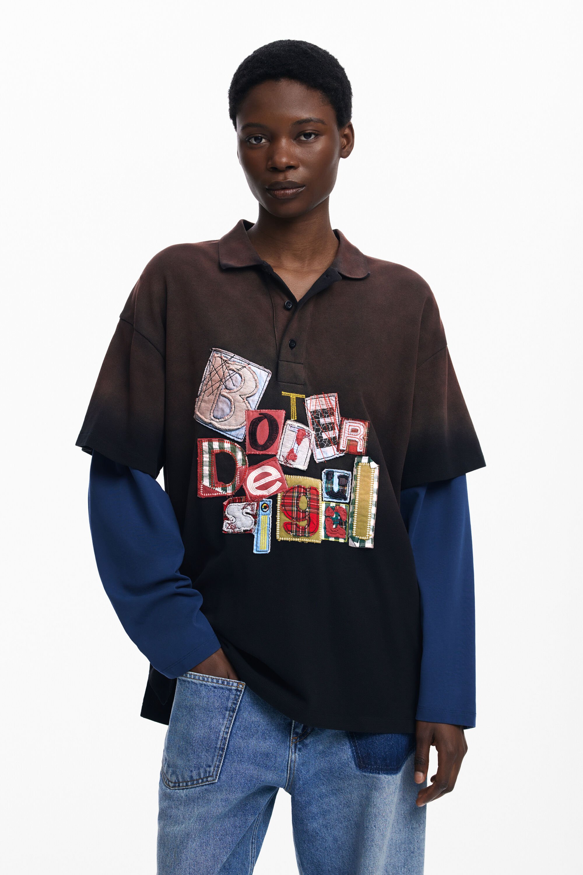 Desigual, Doppelärmel-Patch-T-Shirt Botter, Damen, Baumwolle, Schwarz, M