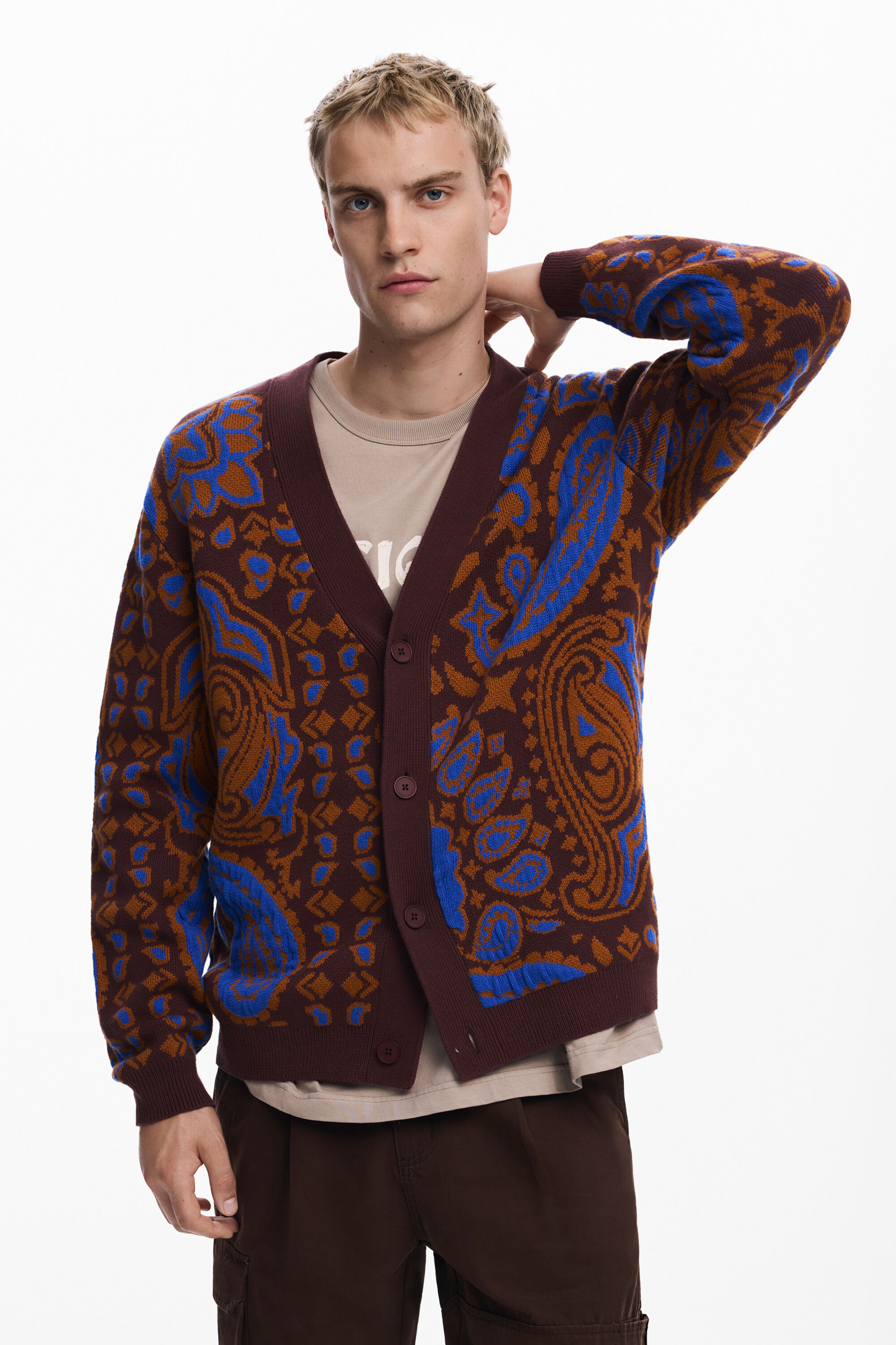 Desigual, Paisley-Cardigan-Pullover, Herren, Baumwolle, Braun, S