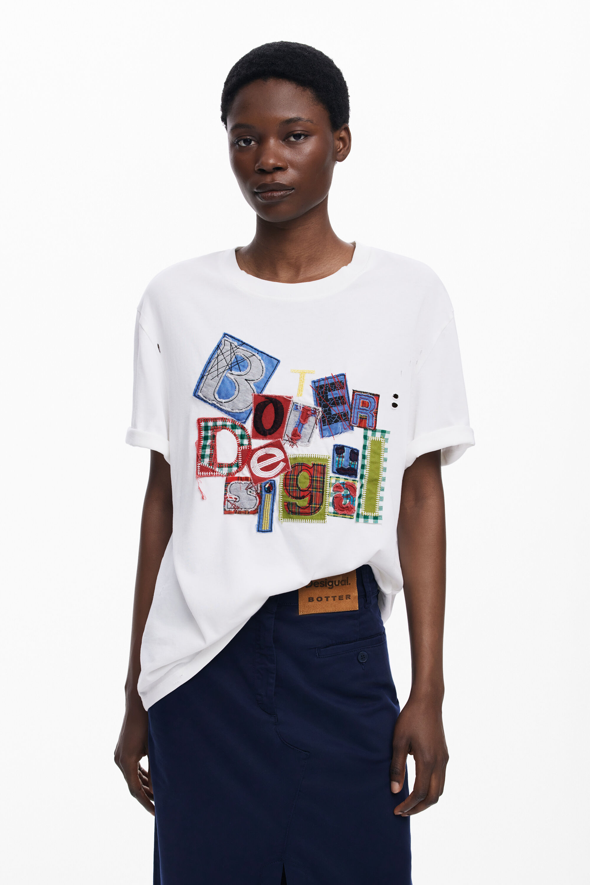 Desigual, Kurzarm-T-Shirt Patch Botter, Damen, Baumwolle, Weiß, XS