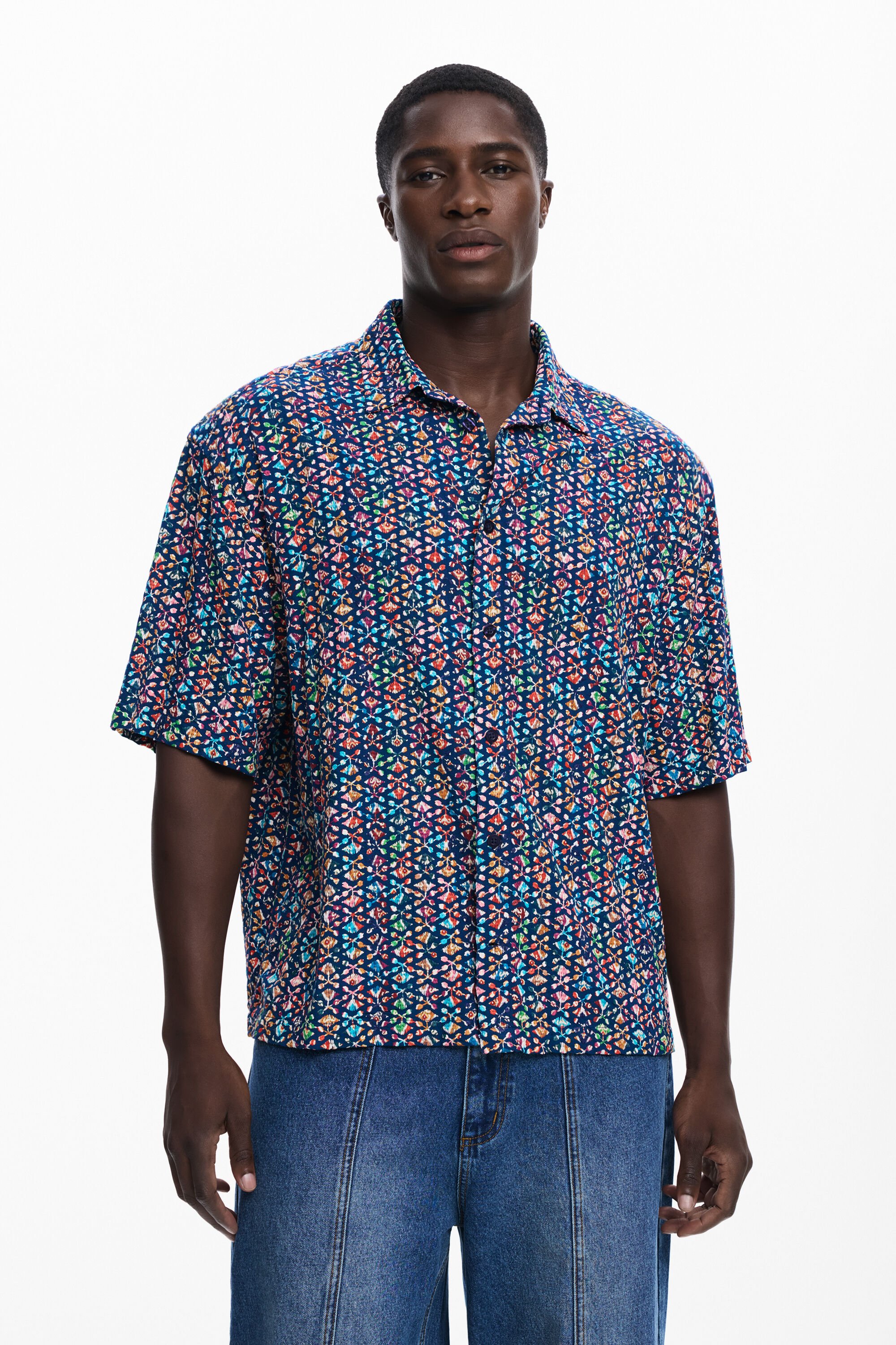 Desigual, Kurzarmhemd mit ethnischen Stickereien, Herren, Blau, M