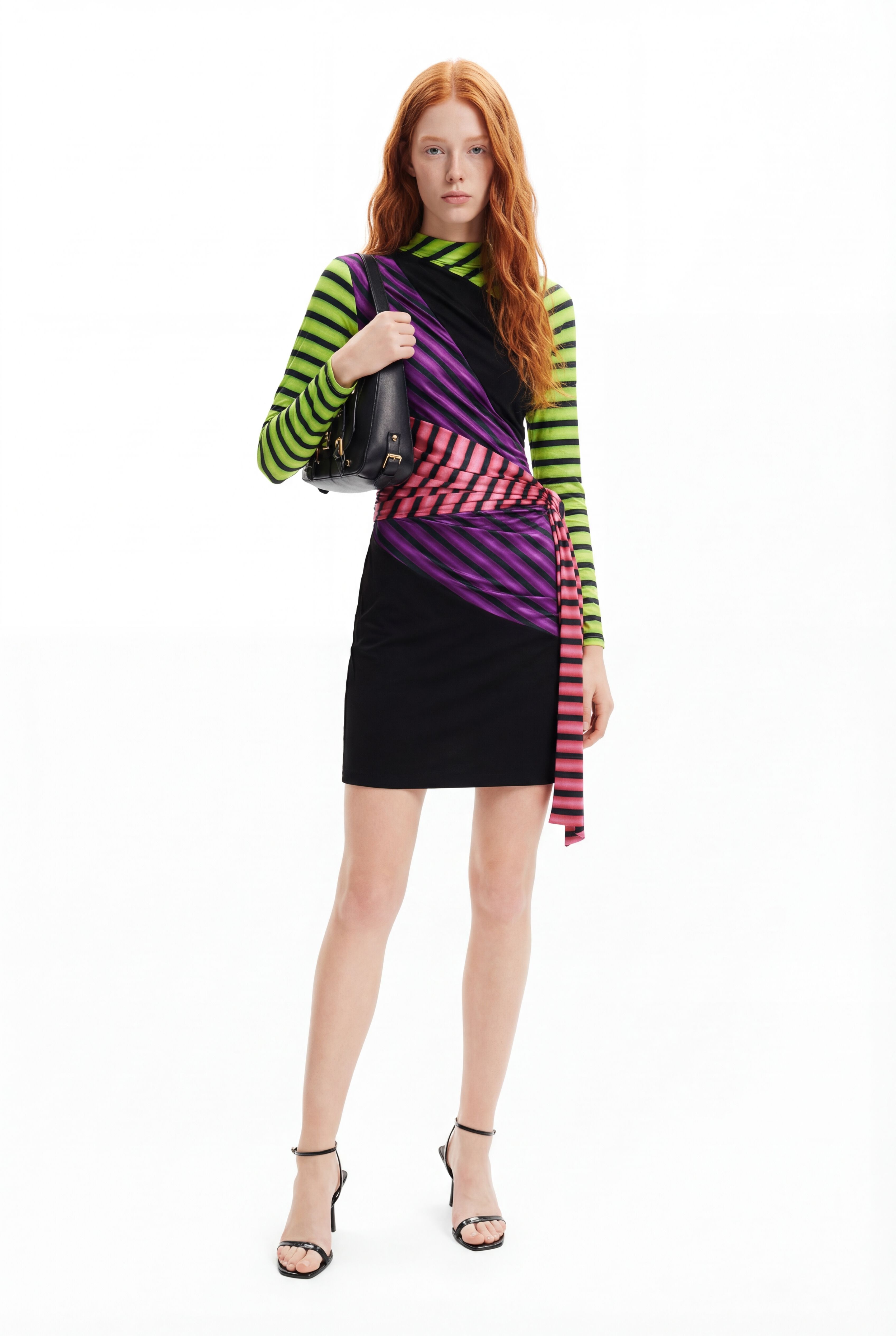 Desigual, Kurzes Kleid Streifen María Escoté, Damen, Azetat, Schwarz, XL