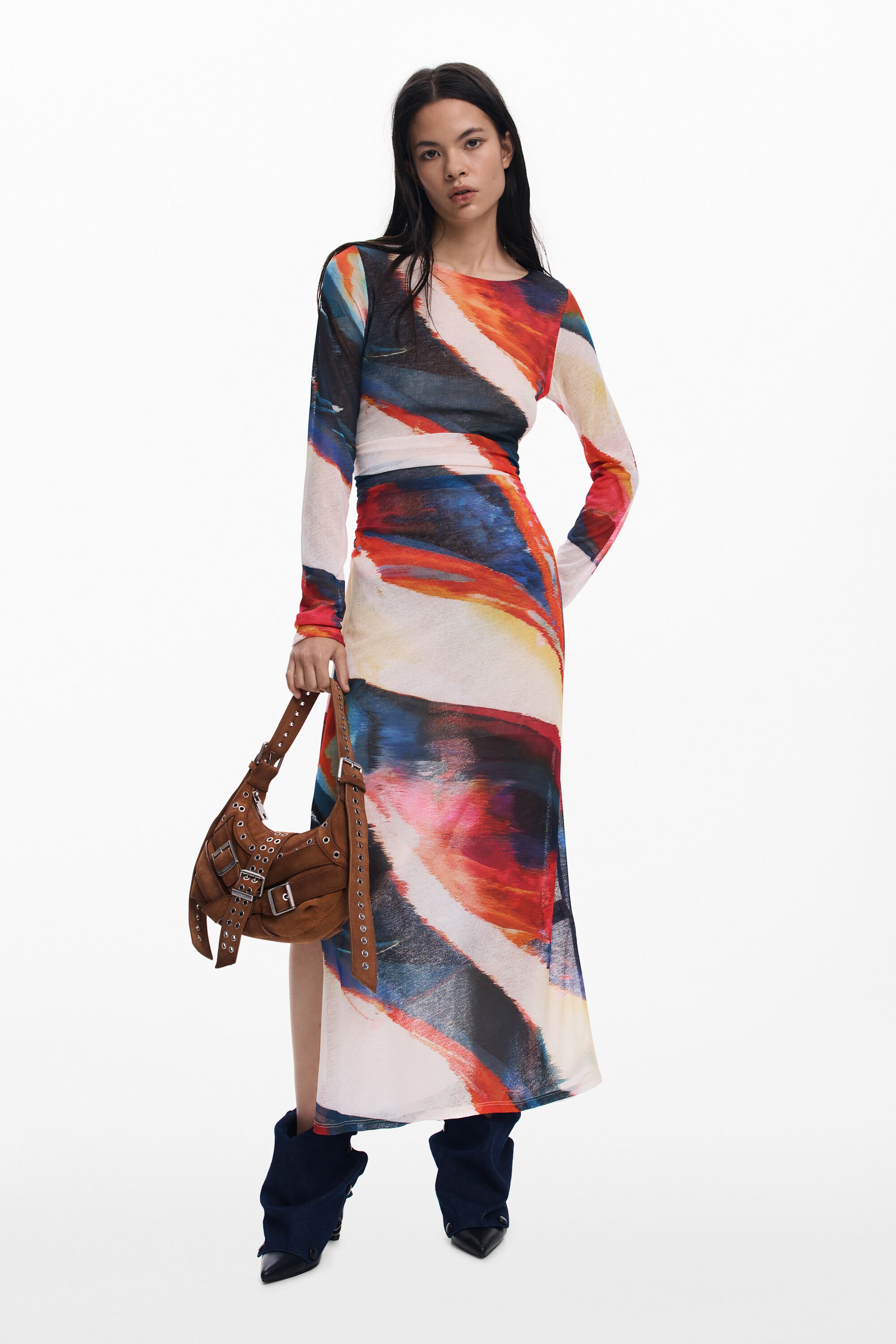 Desigual, Langes Kleid mit Wellenmuster, Damen, Polyester, Rot, L