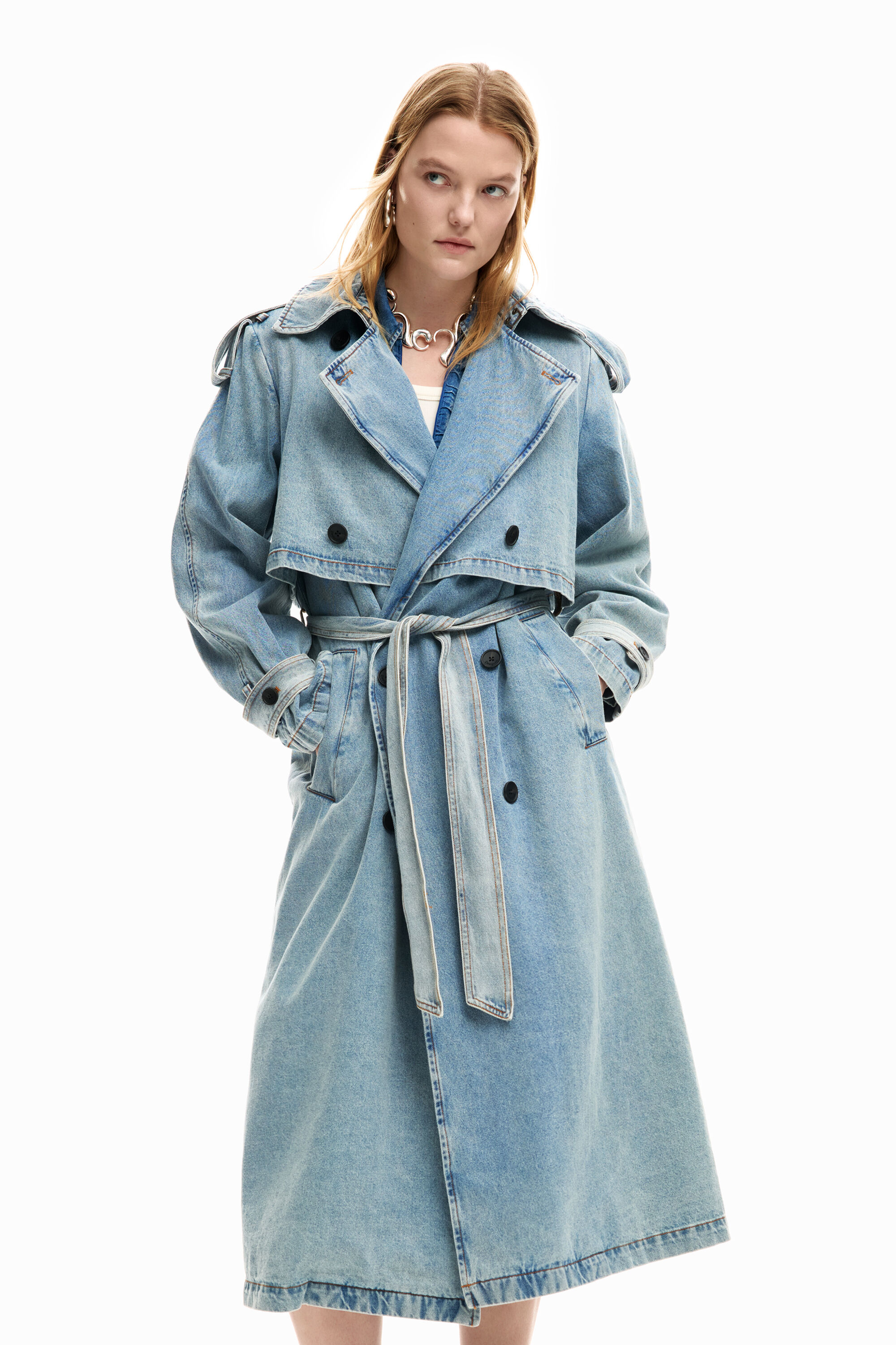 Desigual, Denim-Trenchcoat mit Gürtel, Damen, Baumwolle, Blau, M