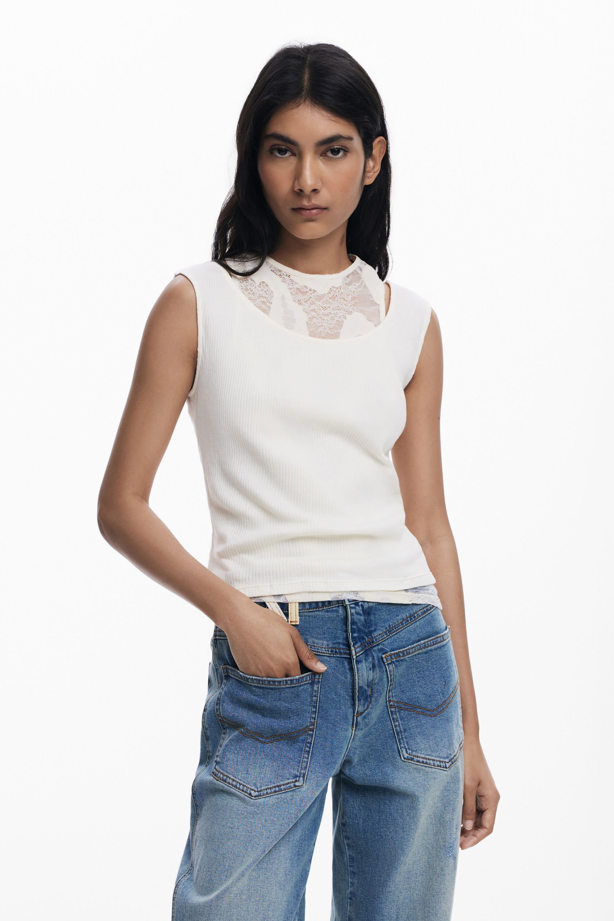 Desigual, Ärmelloses Doppeltshirt, Damen, Viskose, Weiß, L