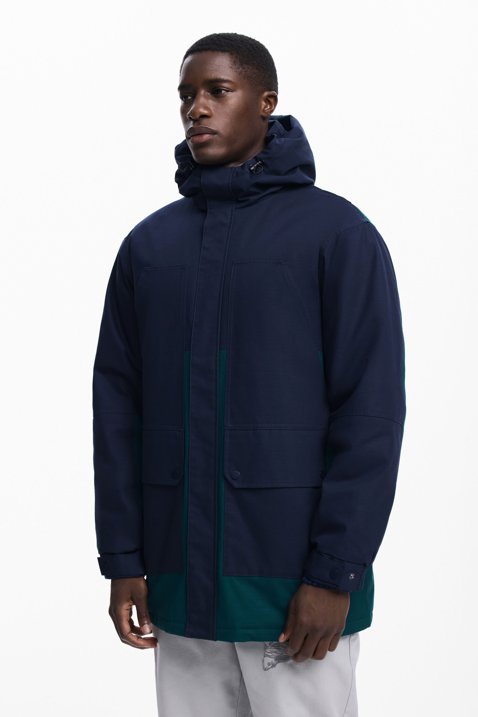 Desigual, Zweifarbige Parka mit Kapuze, Herren, Baumwolle, Blau, XL