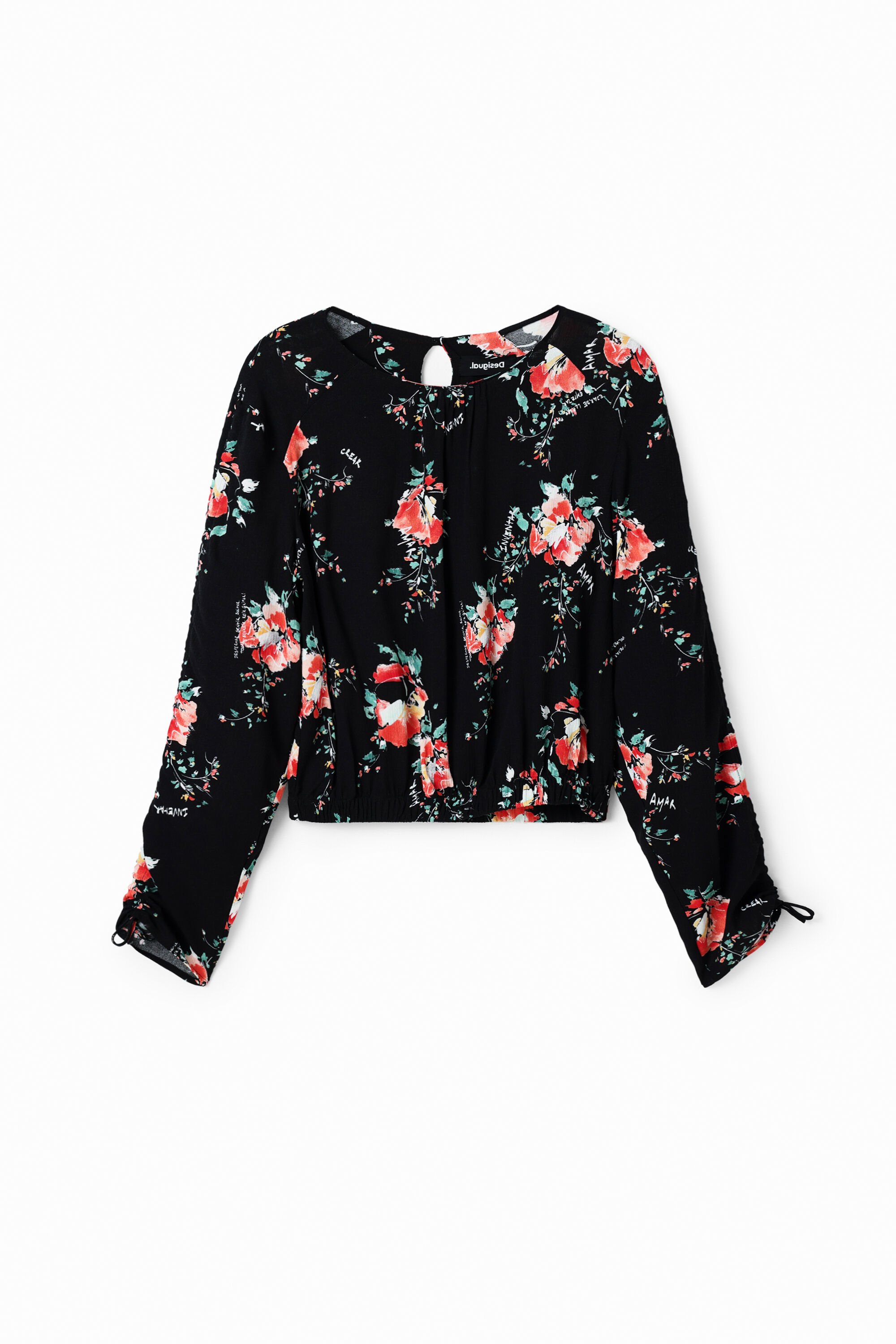 Desigual, Bluse verstellbare Ärmel Blumen, Viskose, Schwarz, L
