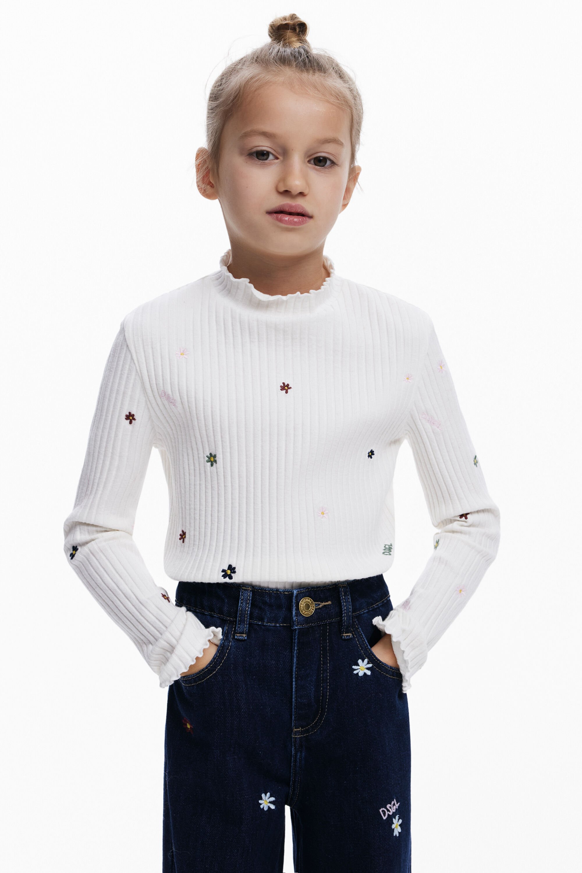 Desigual, Geripptes T-Shirt mit Stickereien, Kinder, Baumwolle, Weiß, 5/6