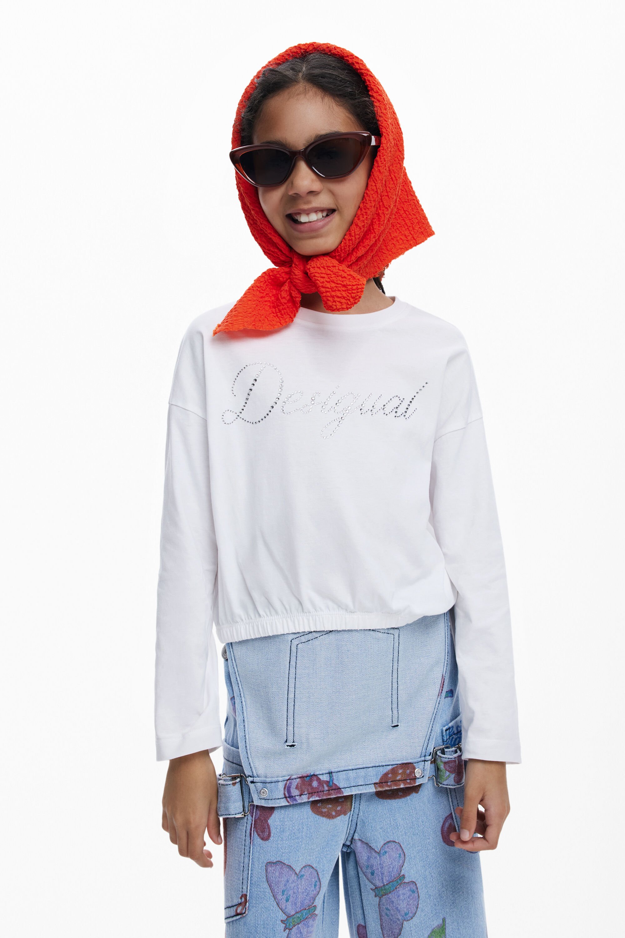 Desigual, Einfarbiges T-Shirt mit Strass-Logo, Kinder, Baumwolle, Weiß, 5/6