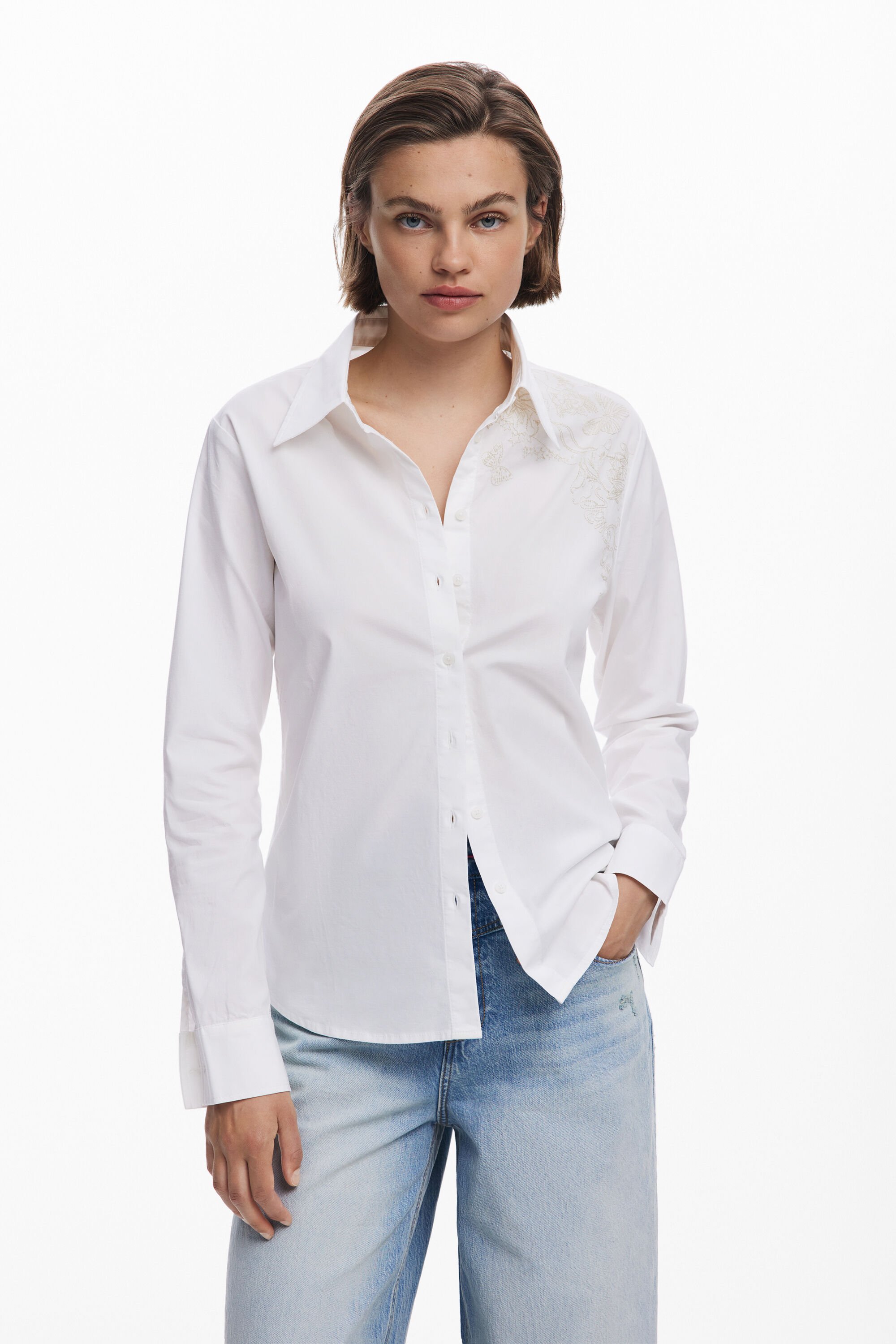 Desigual, Einfarbiges Hemd mit Stickereien, Damen, Baumwolle, Weiß, S