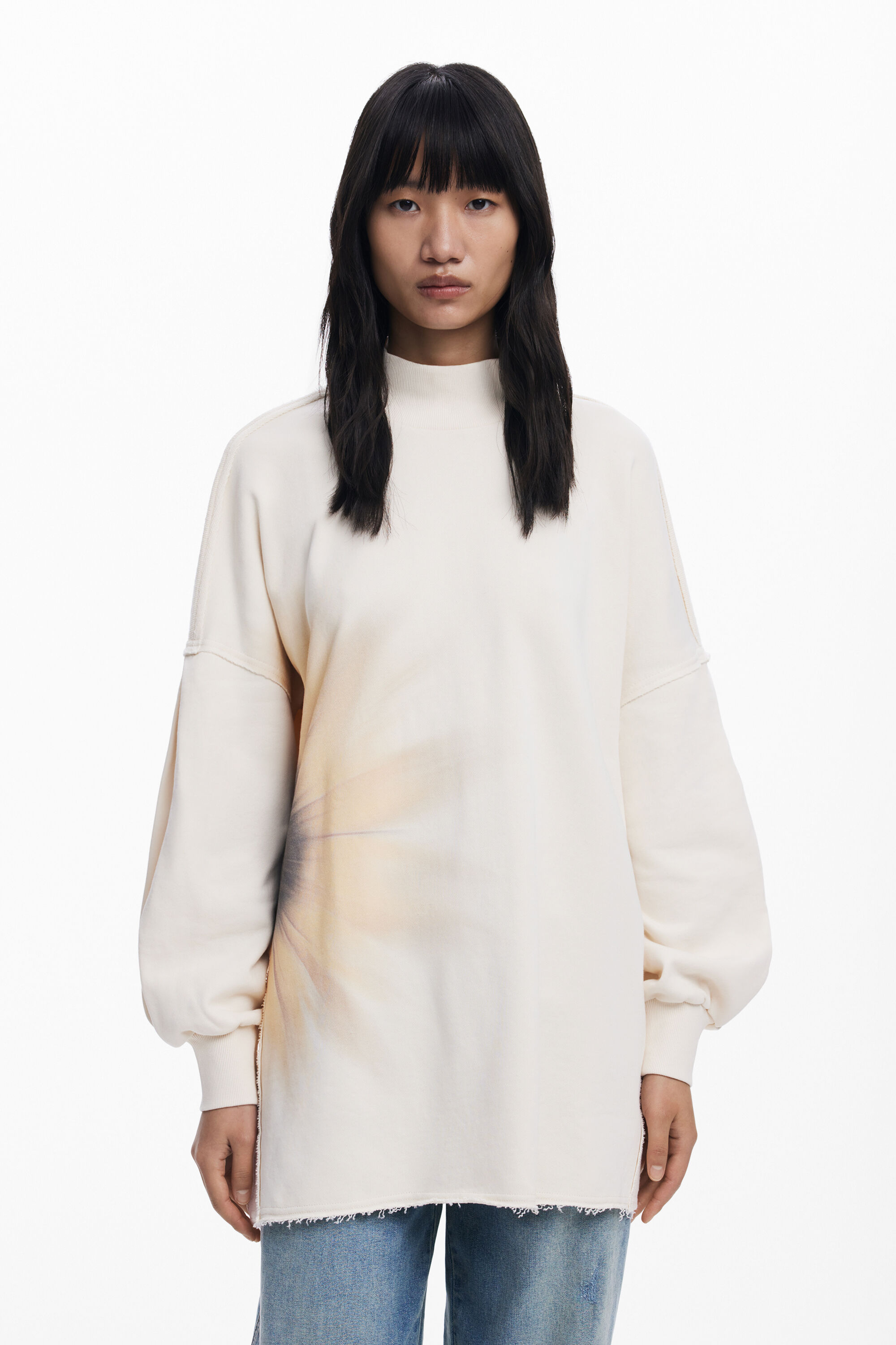 Desigual, Langer fließender Pullover mit Gänseblümchenmuster, Damen, Baumwolle, Weiß, S