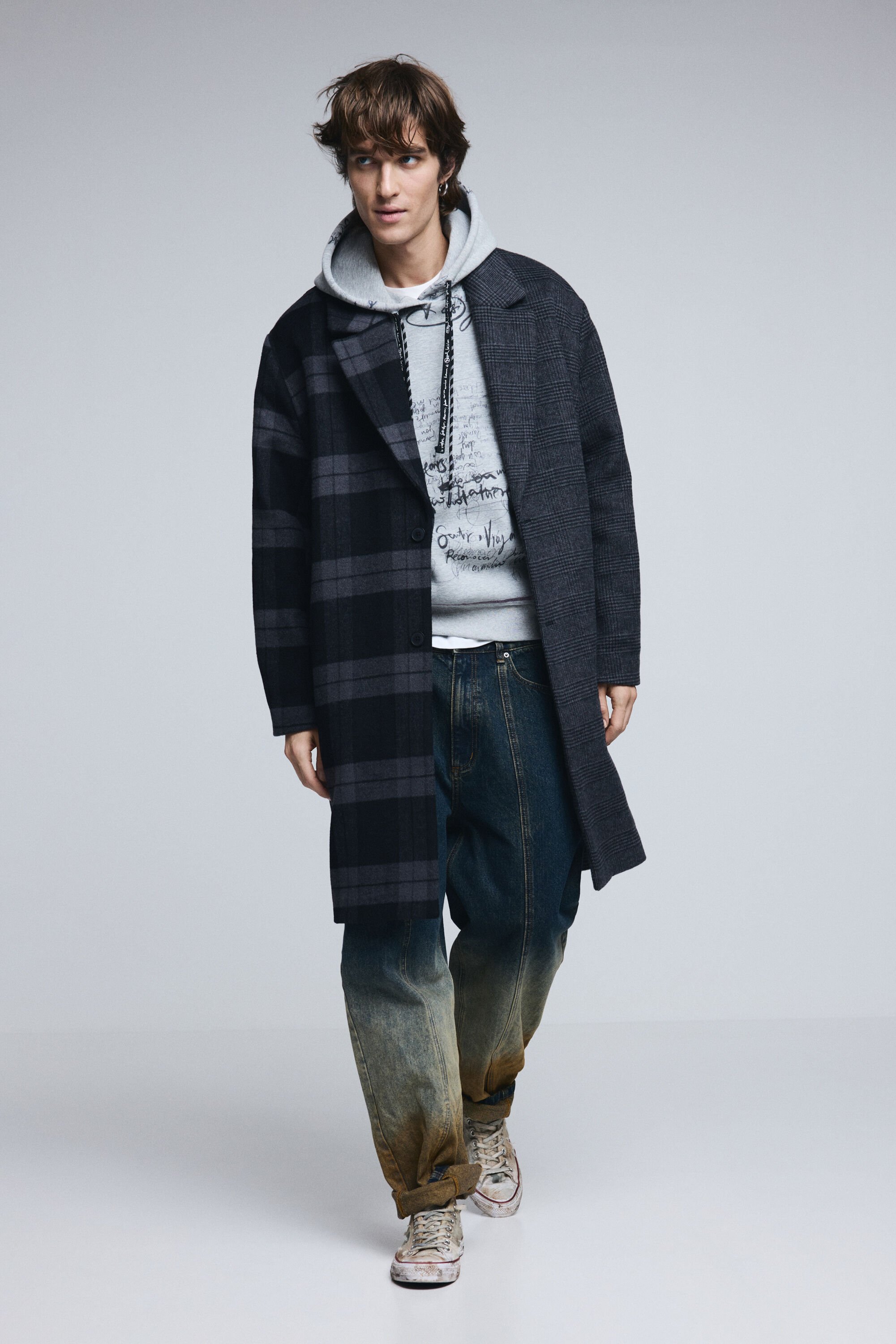 Desigual, Karierter Zweimaterial-Mantel, Herren, Schwarz, S