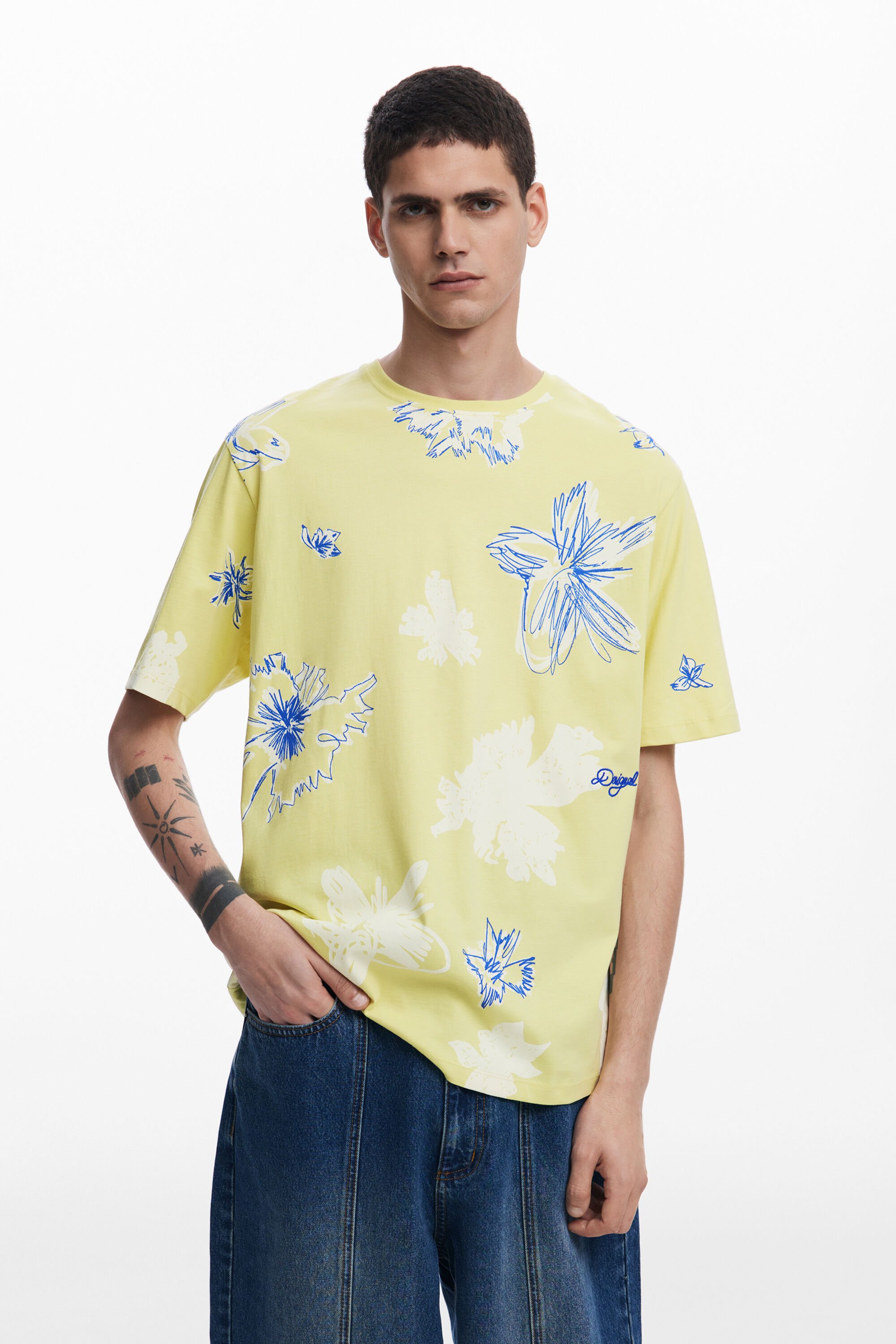 Desigual, Kurzarm-T-Shirt mit Blättern, Herren, Baumwolle, GrüN, XL