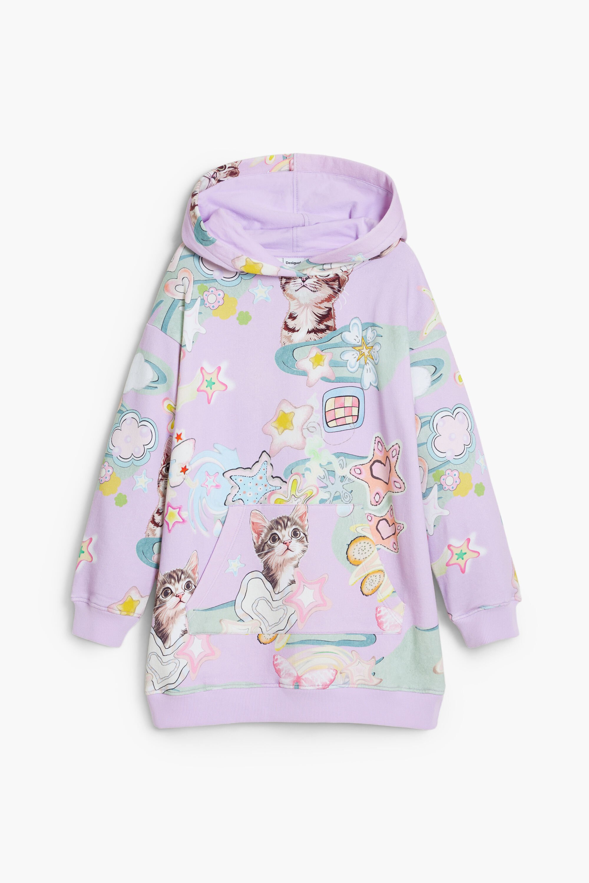 Desigual, Kapuzenkleid mit Katzenmuster, Kinder, Baumwolle, Rot, 5/6