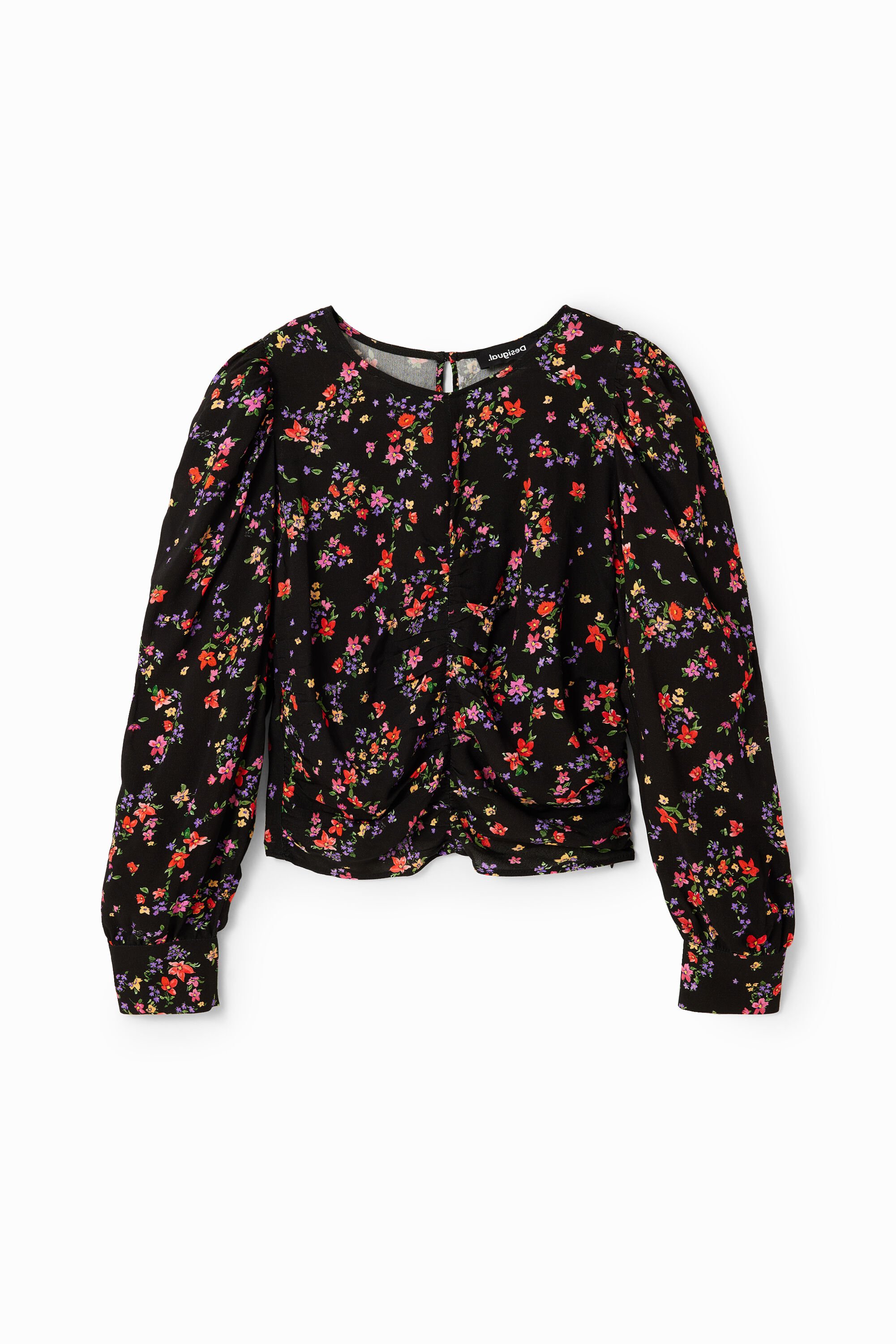 Desigual, Geraffte Bluse Blumen, Viskose, Schwarz, XS