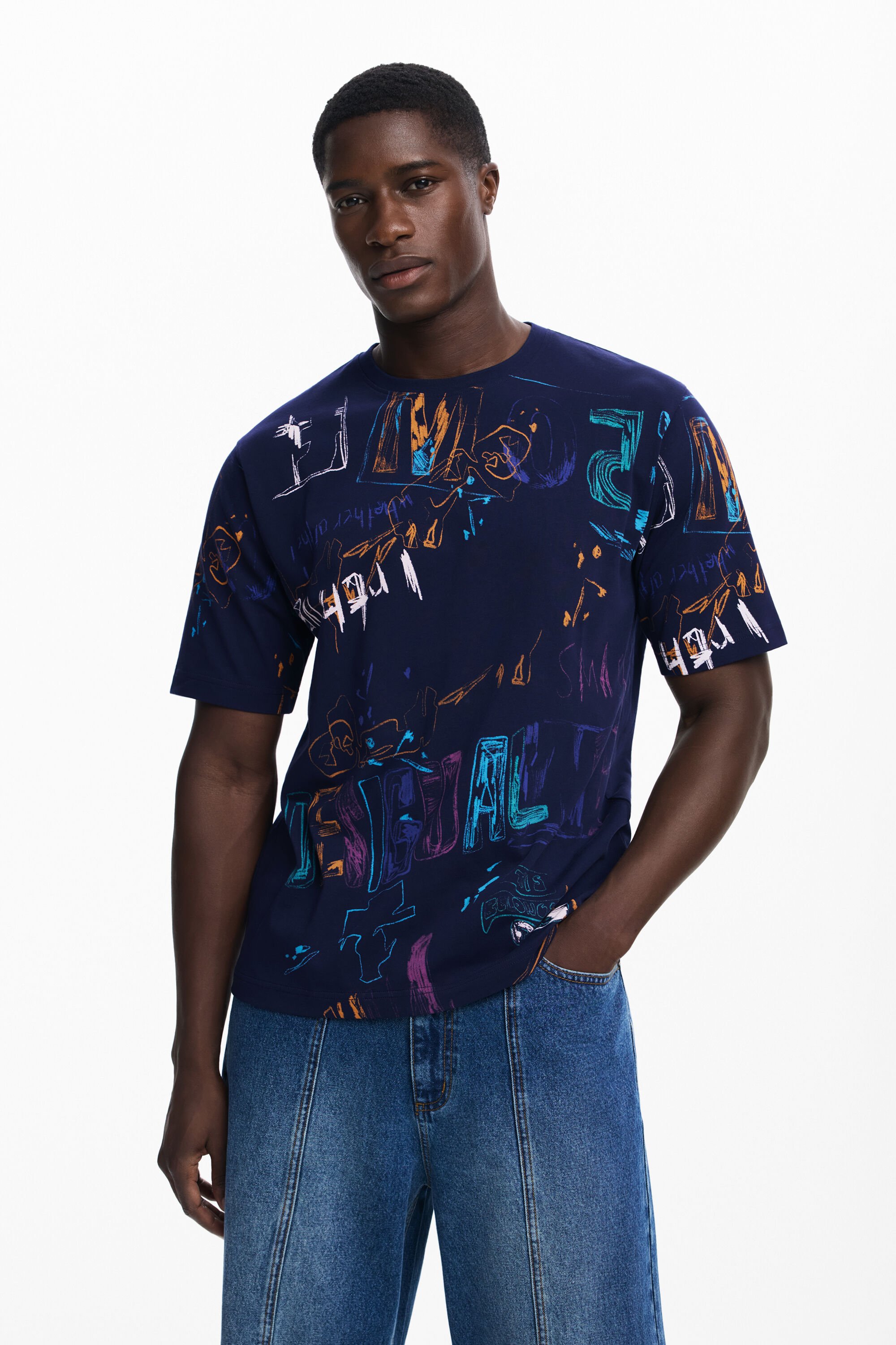 Desigual, T-Shirt mit kurzen Ärmeln und Schriftzug, Herren, Baumwolle, Blau, L