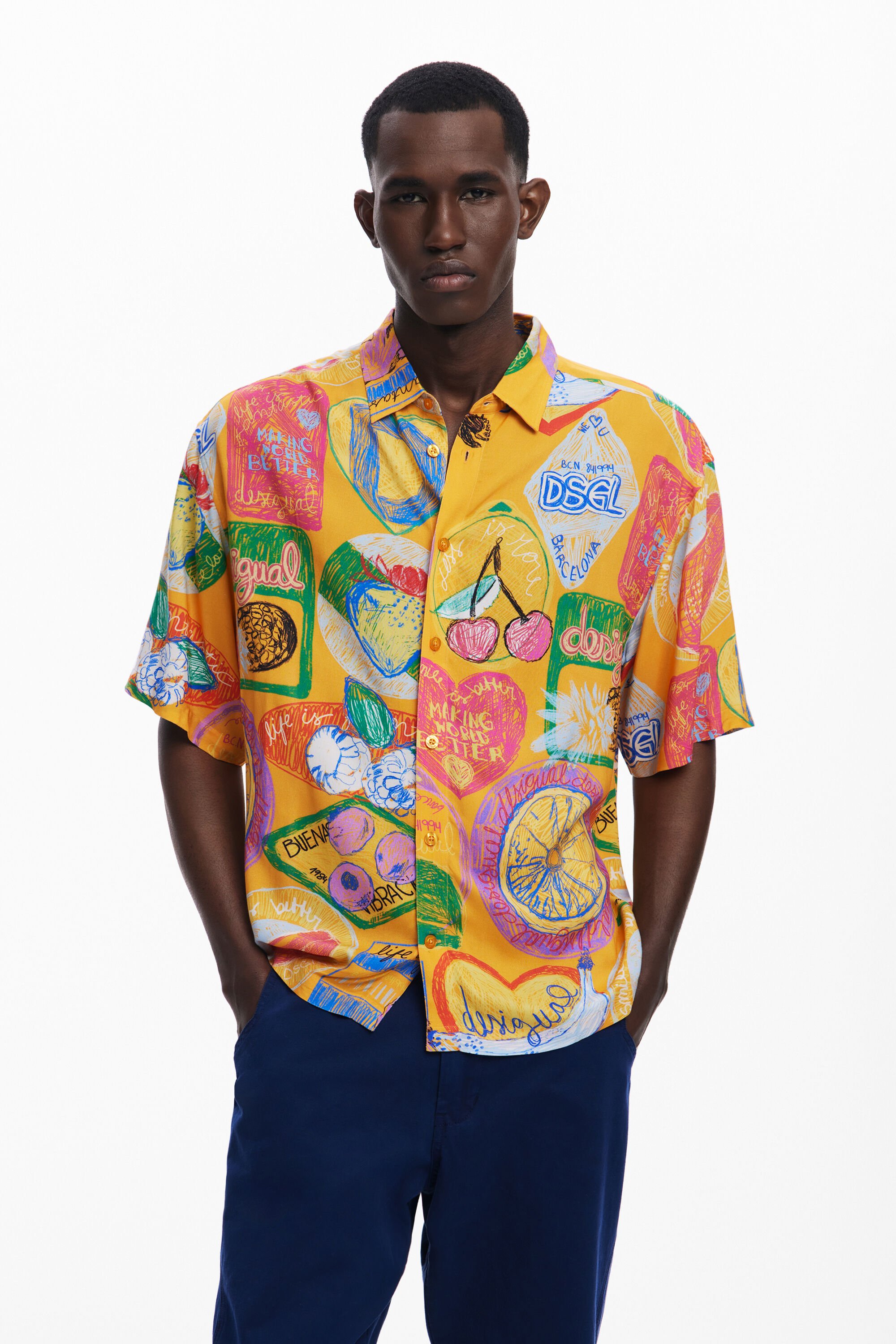 Desigual, Kurzarmhemd mit Früchten, Herren, Viskose, Orange, XL