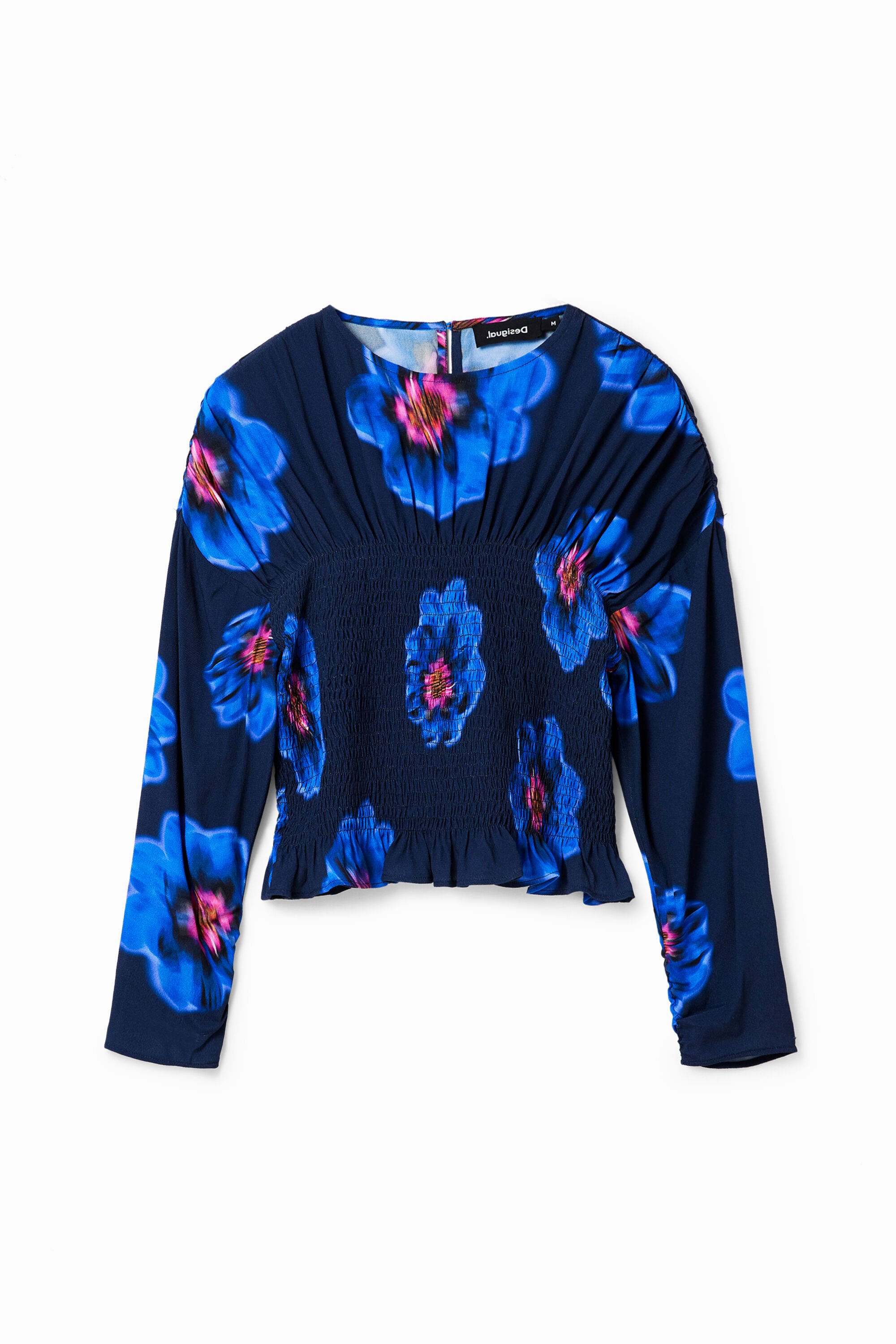 Desigual, Geraffte Bluse Blumen, Viskose, Blau, L
