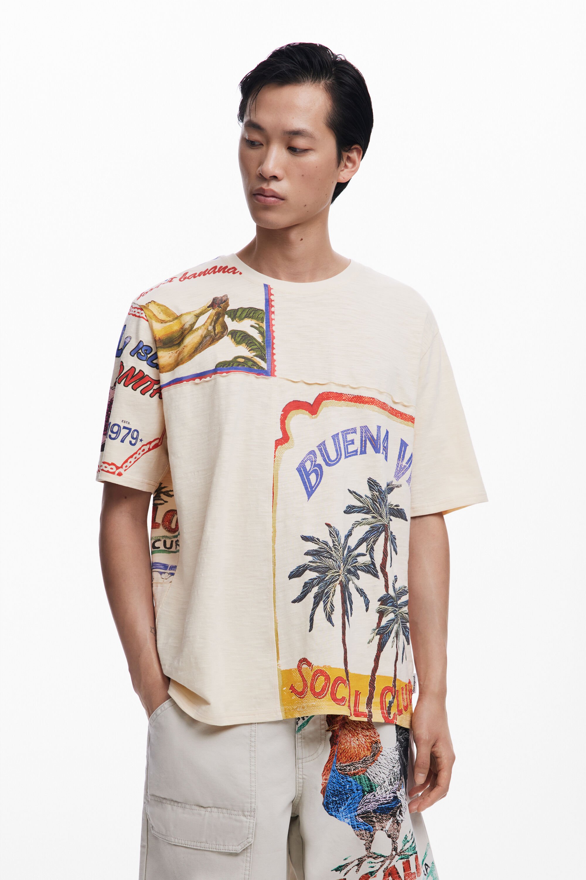 Desigual, BuenaVida-Postkarten-T-Shirt, Herren, Baumwolle, Weiß, XXL