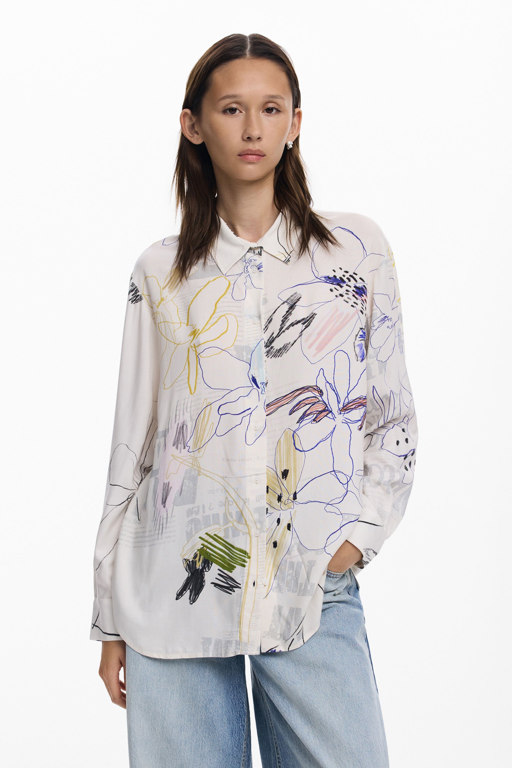 Desigual, Fließendes Collage-Hemd, Damen, Viskose, Weiß, XS