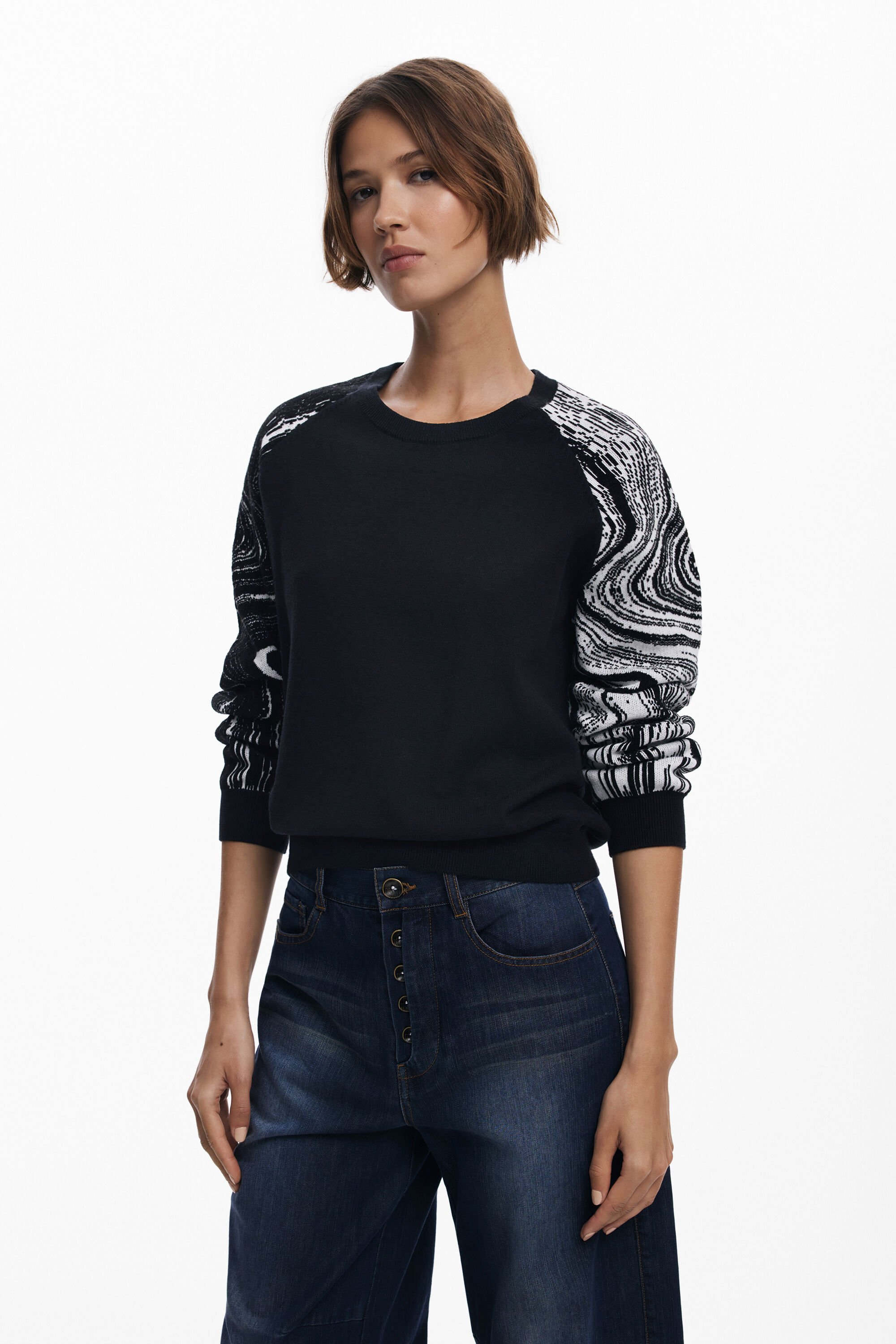 Desigual, Pullover mit marmorierten Ärmeln, Damen, Schwarz, XL