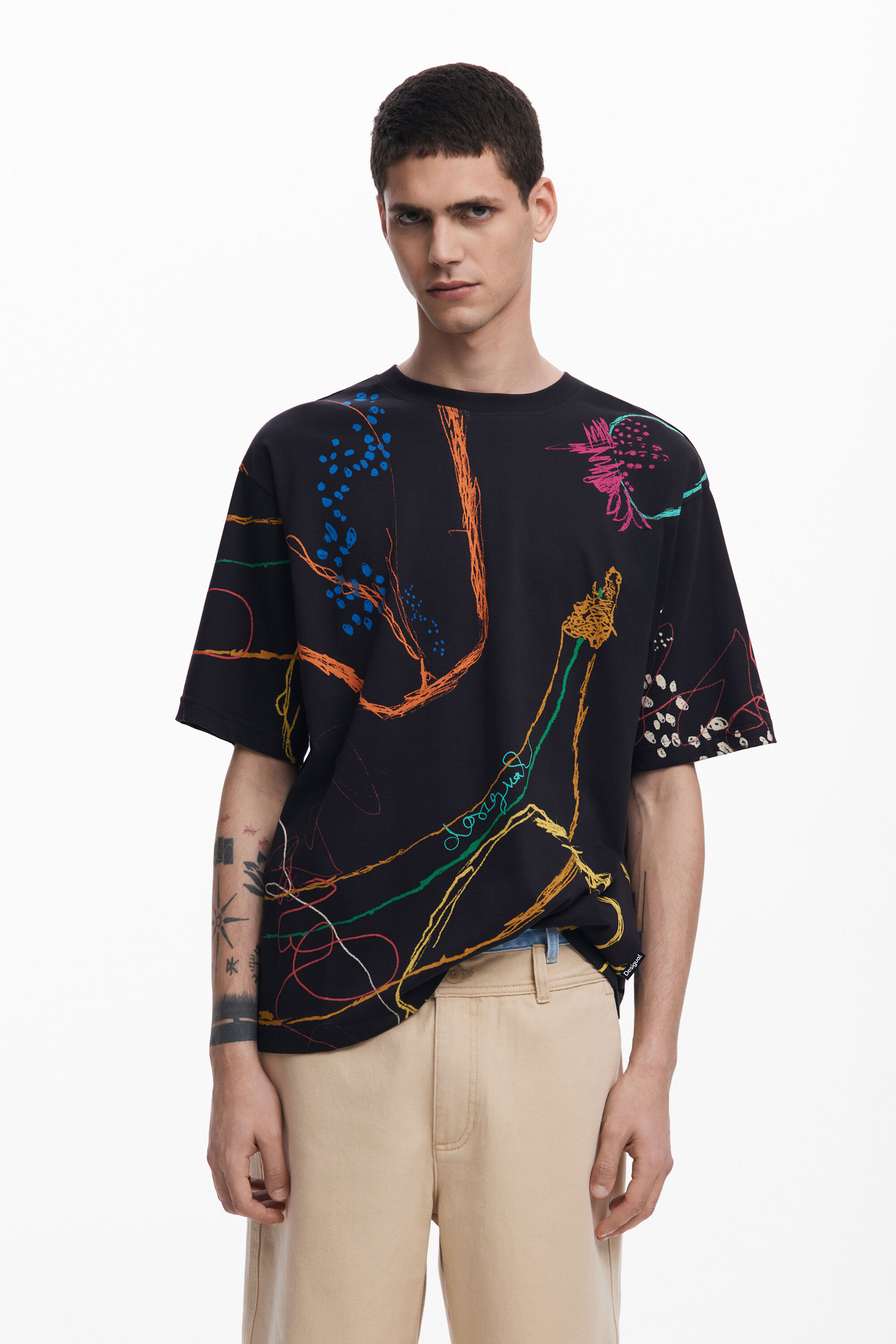 Desigual, Kurzarm-T-Shirt mit Zeichnungen, Herren, Baumwolle, Schwarz, XL