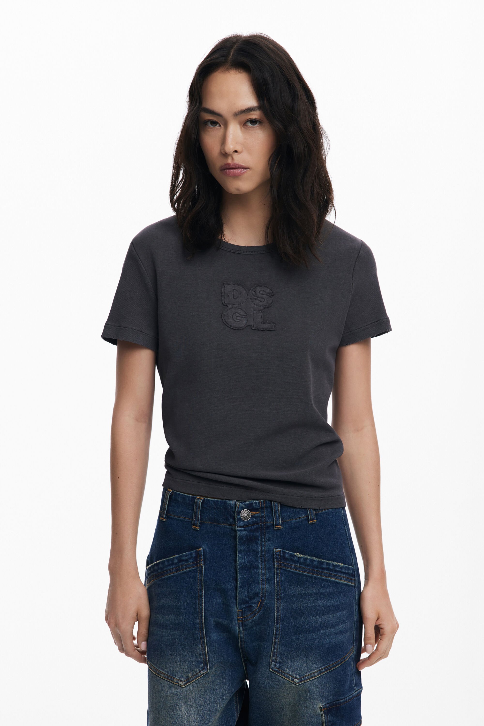 Desigual, T-Shirt mit Logo und Rissen, Damen, Baumwolle, Schwarz, L