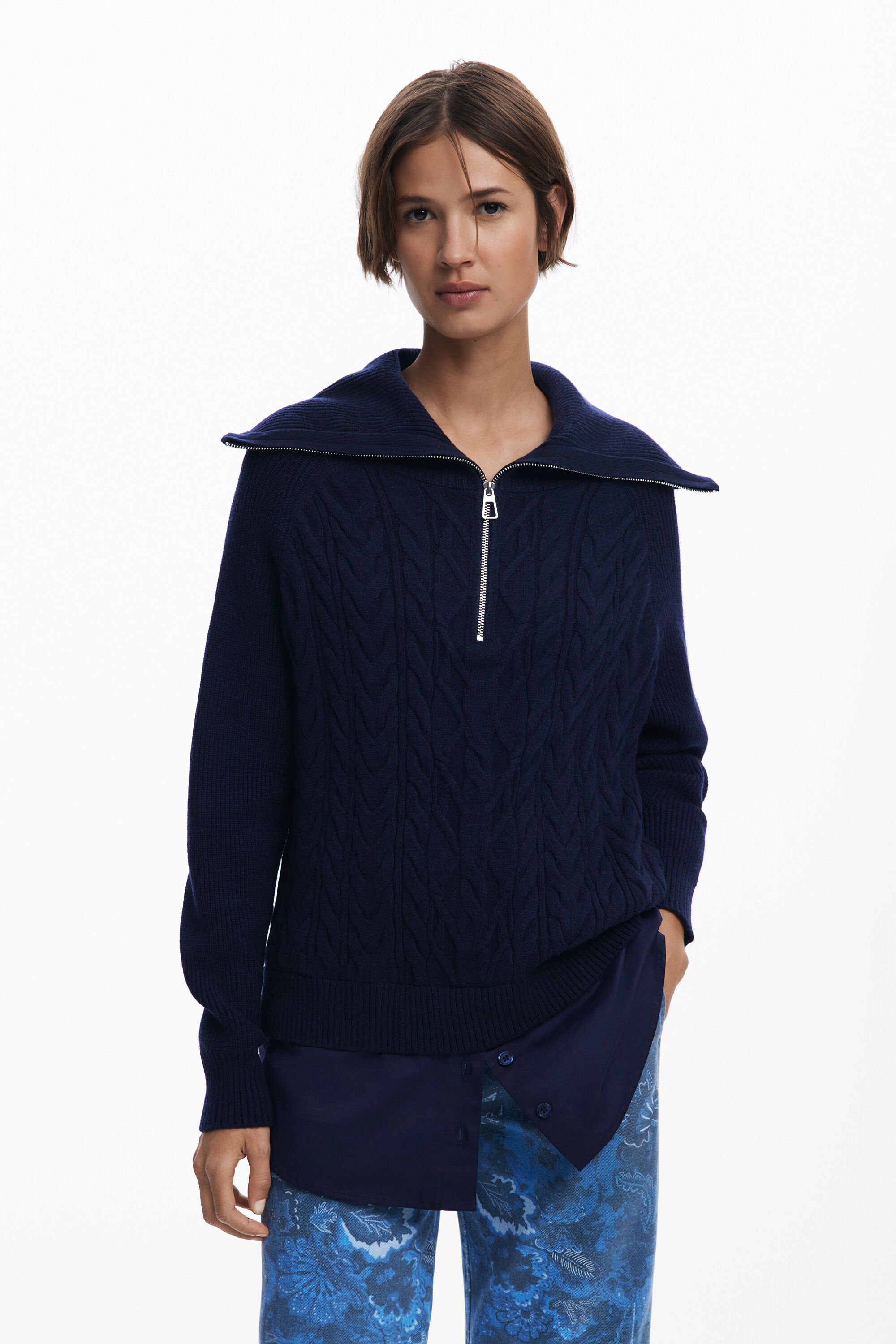 Desigual, Kombinierter Zopfmuster-Pullover mit Reißverschluss, Damen, Blau, L