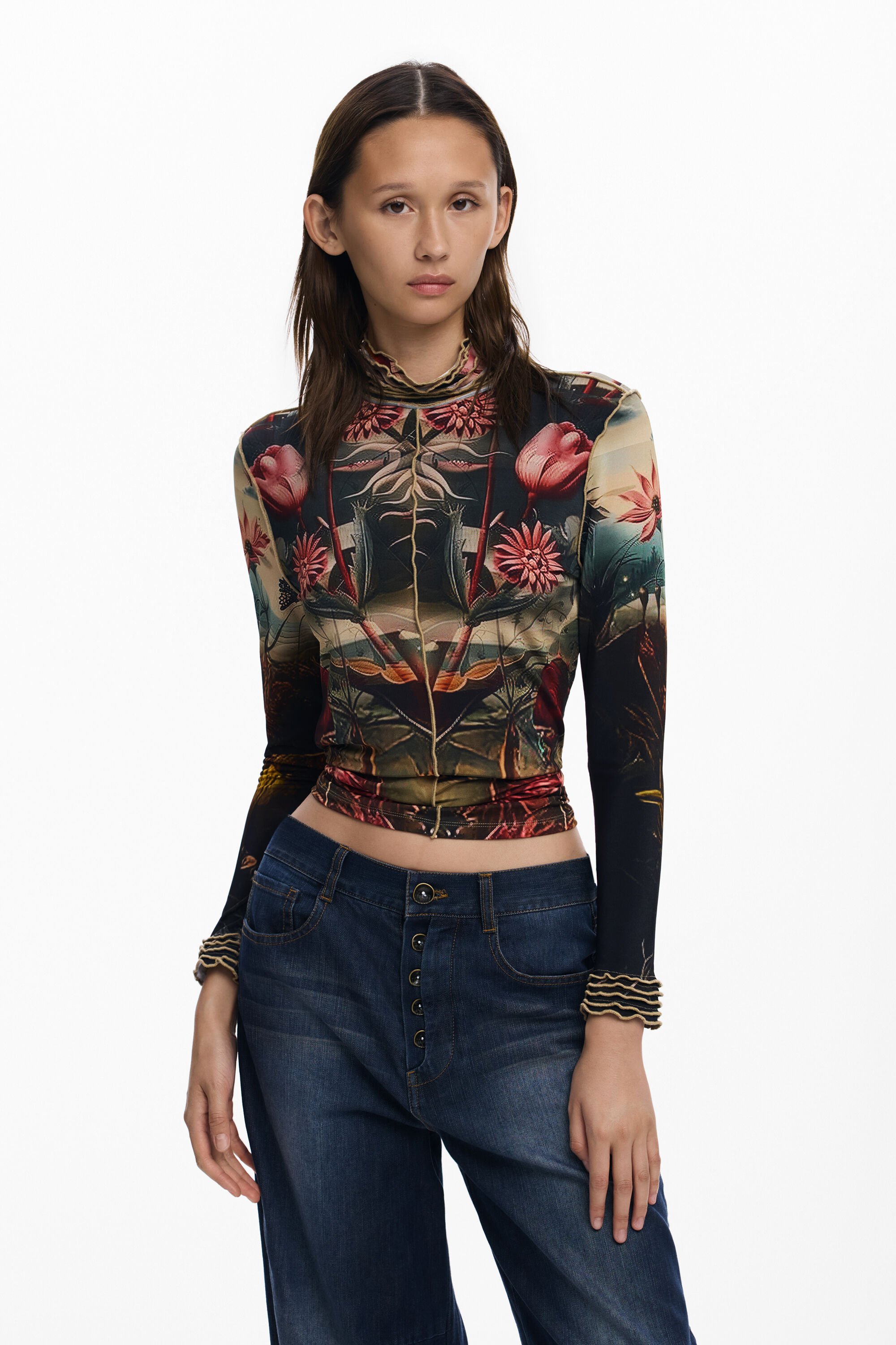 Desigual, T-Shirt mit Rosenbesatz, Damen, Viskose, Schwarz, S