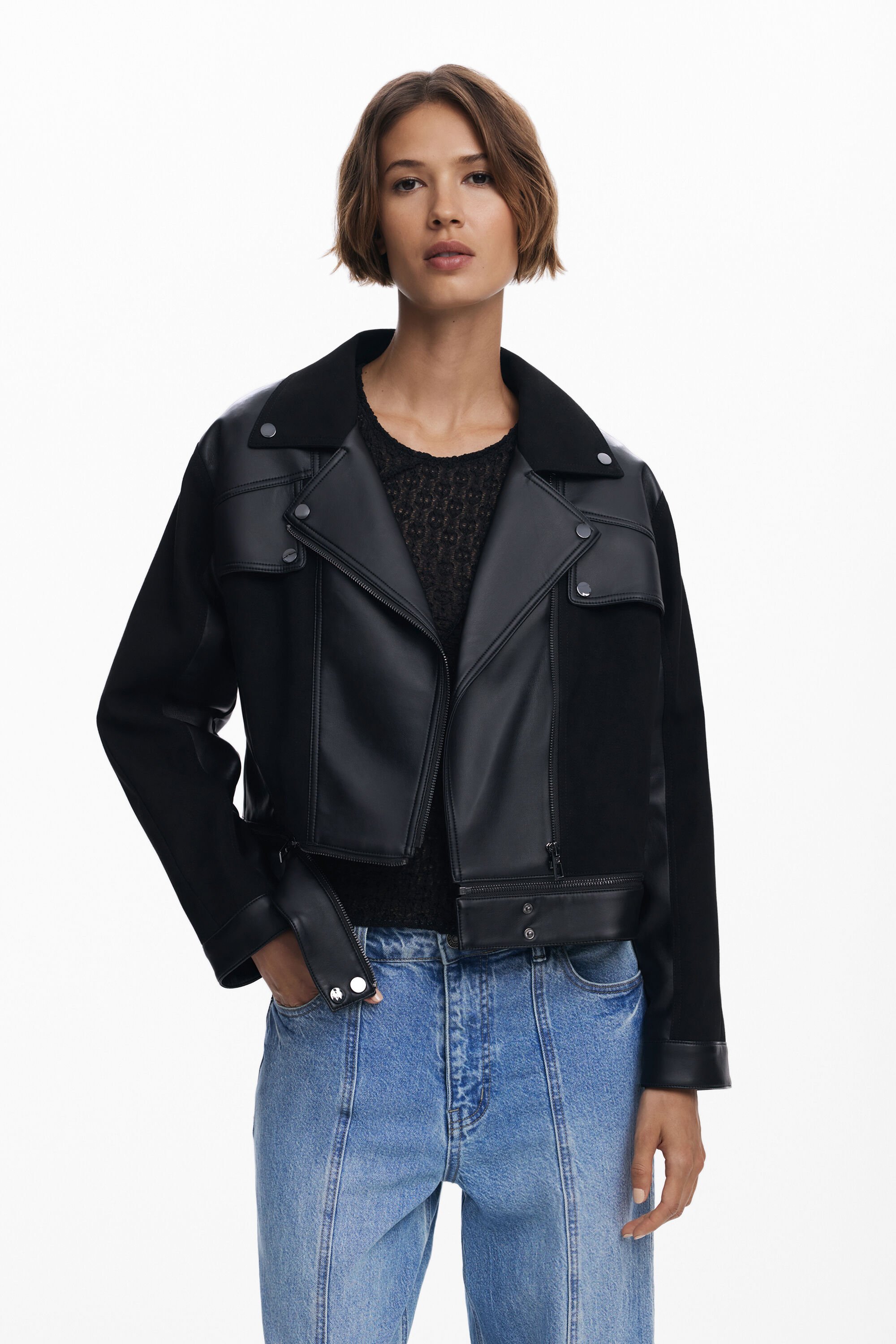 Desigual, Kombinierte Jacke in Lederoptik, Damen, Polyurethan, Schwarz, L