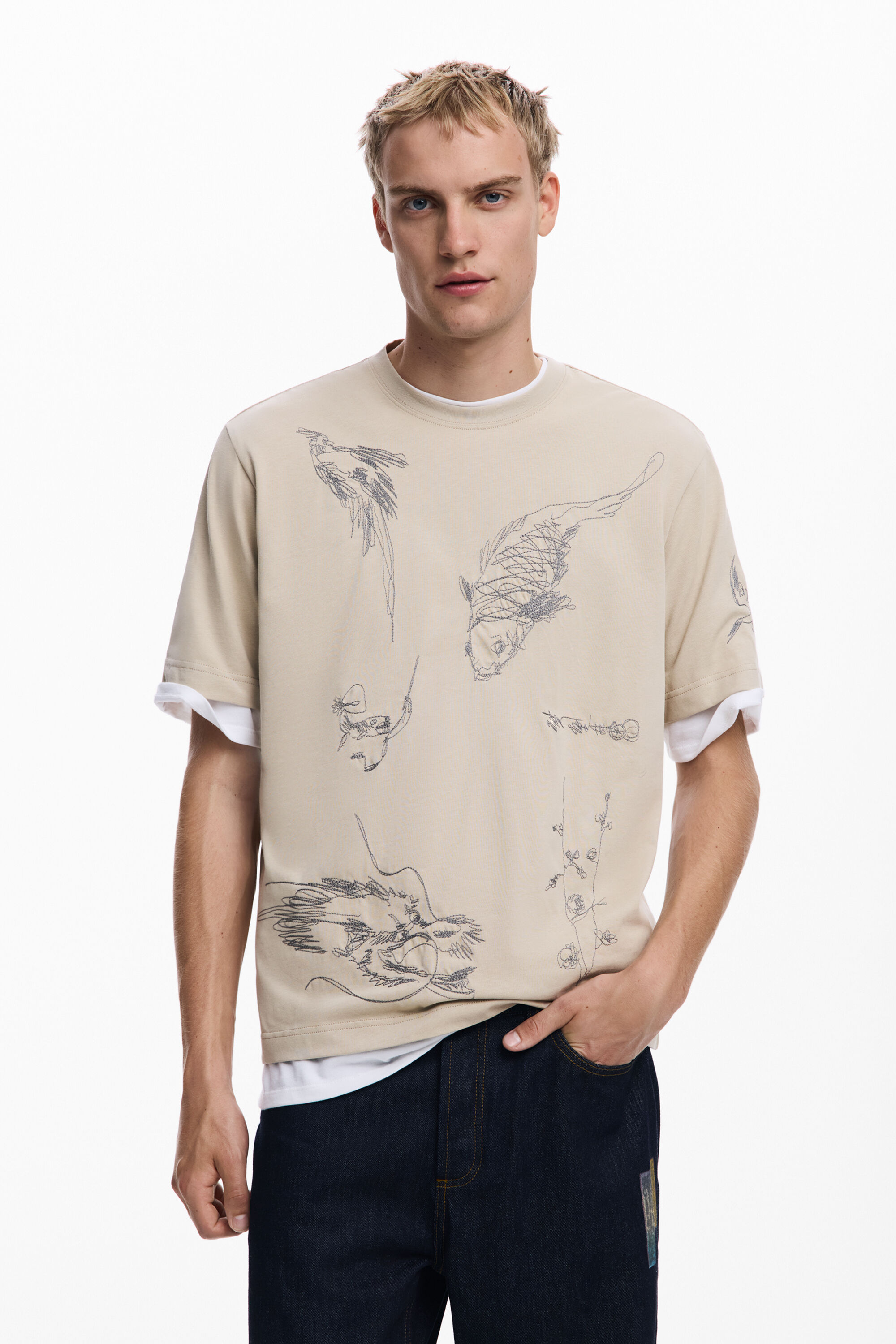 Desigual, T-Shirt mit Karpfenmotiven, Herren, Baumwolle, Schwarz, XL