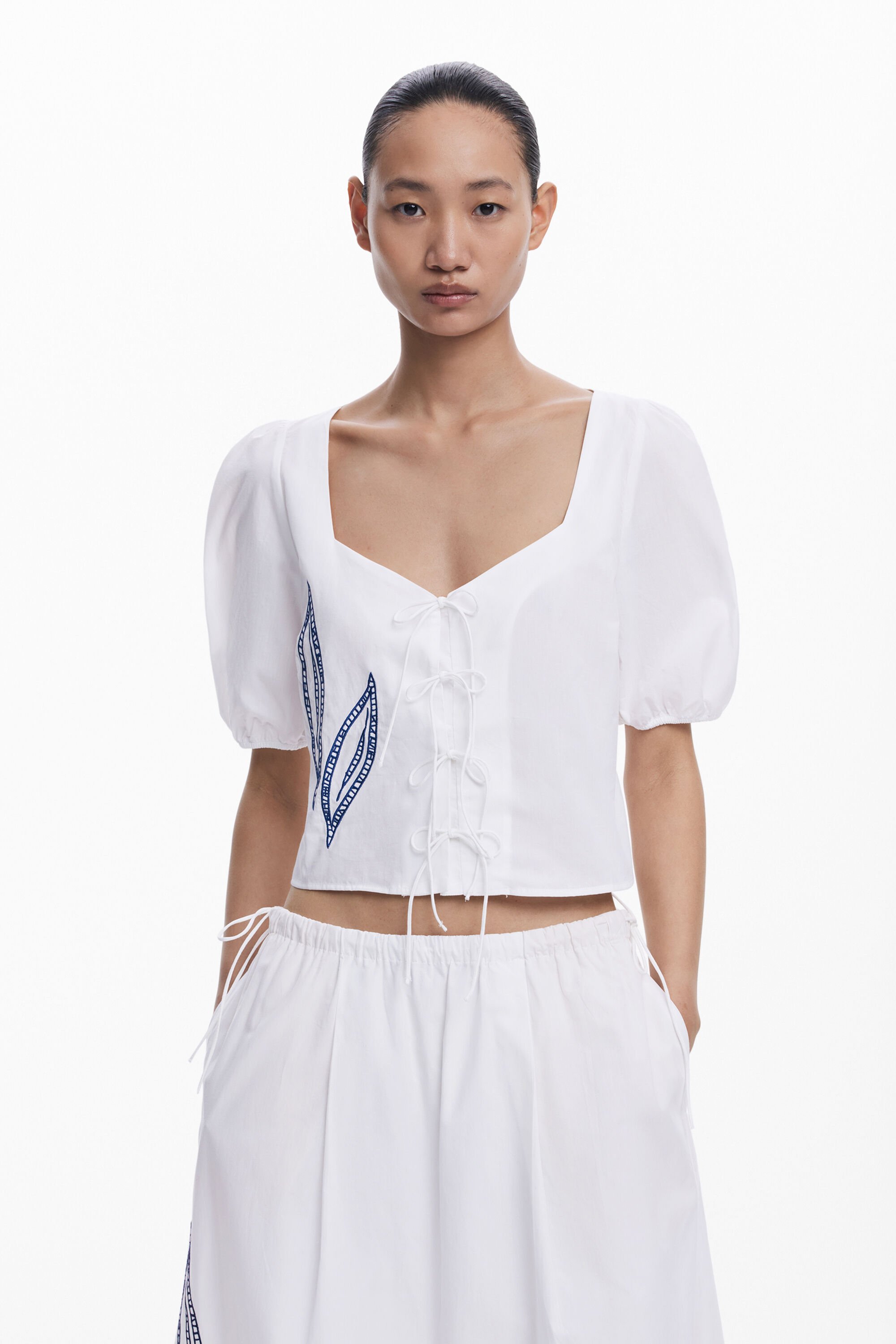 Desigual, Bluse mit Laternenärmeln und Stickereien, Damen, Baumwolle, Weiß, XL