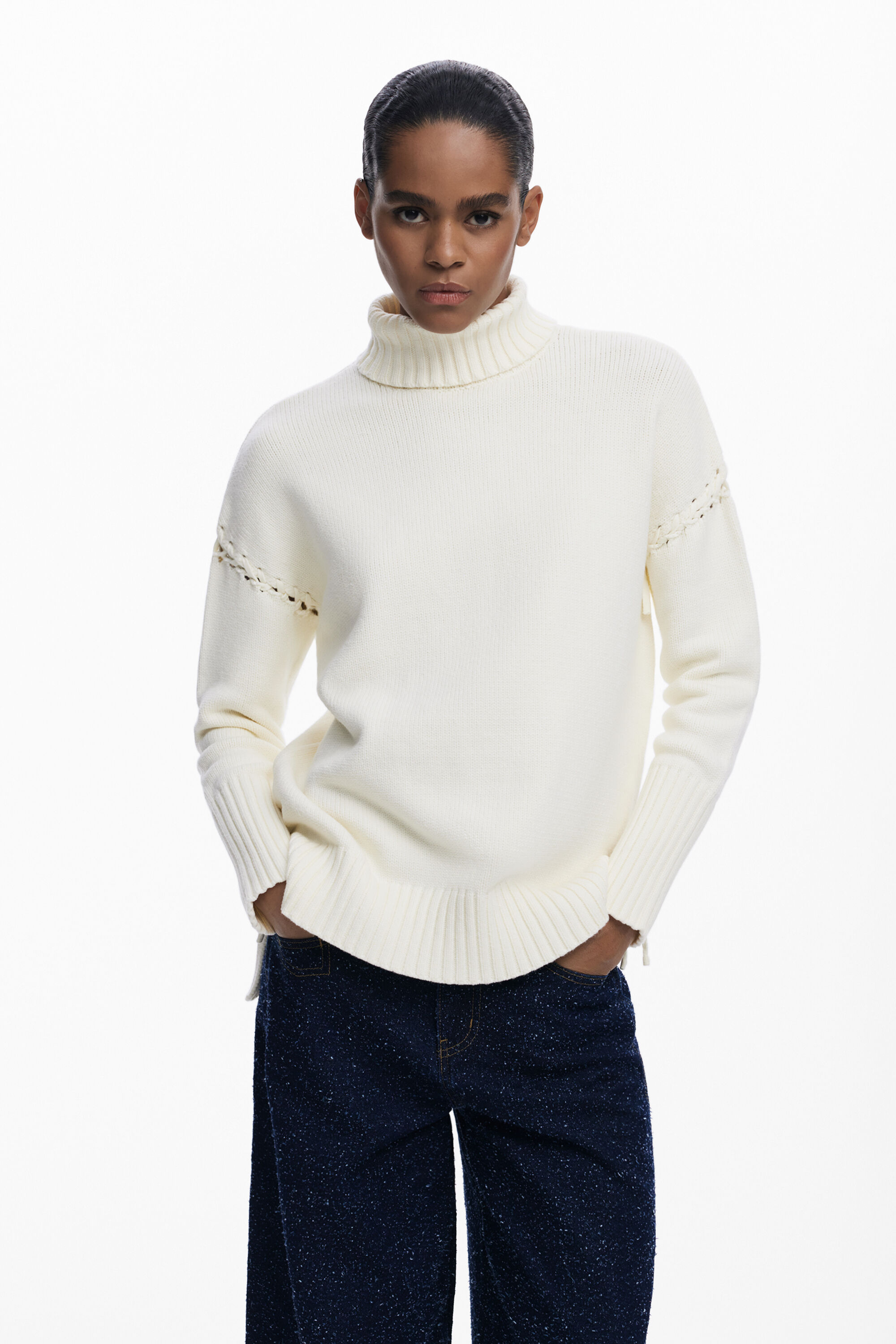 Desigual, Langer Pullover mit Schleifen, Damen, Weiß, S