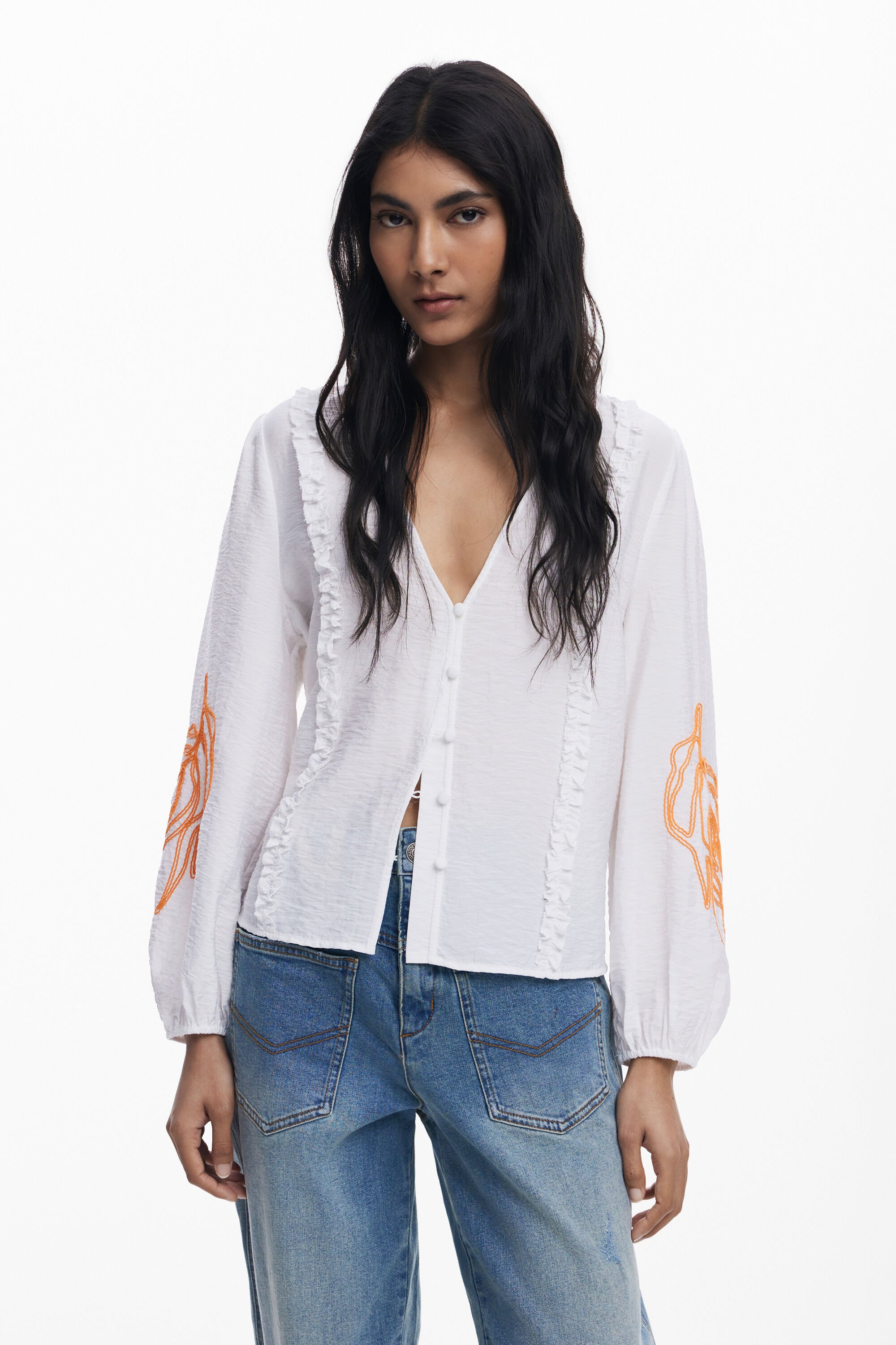 Desigual, Ballonbluse mit Blättern, Damen, Weiß, M