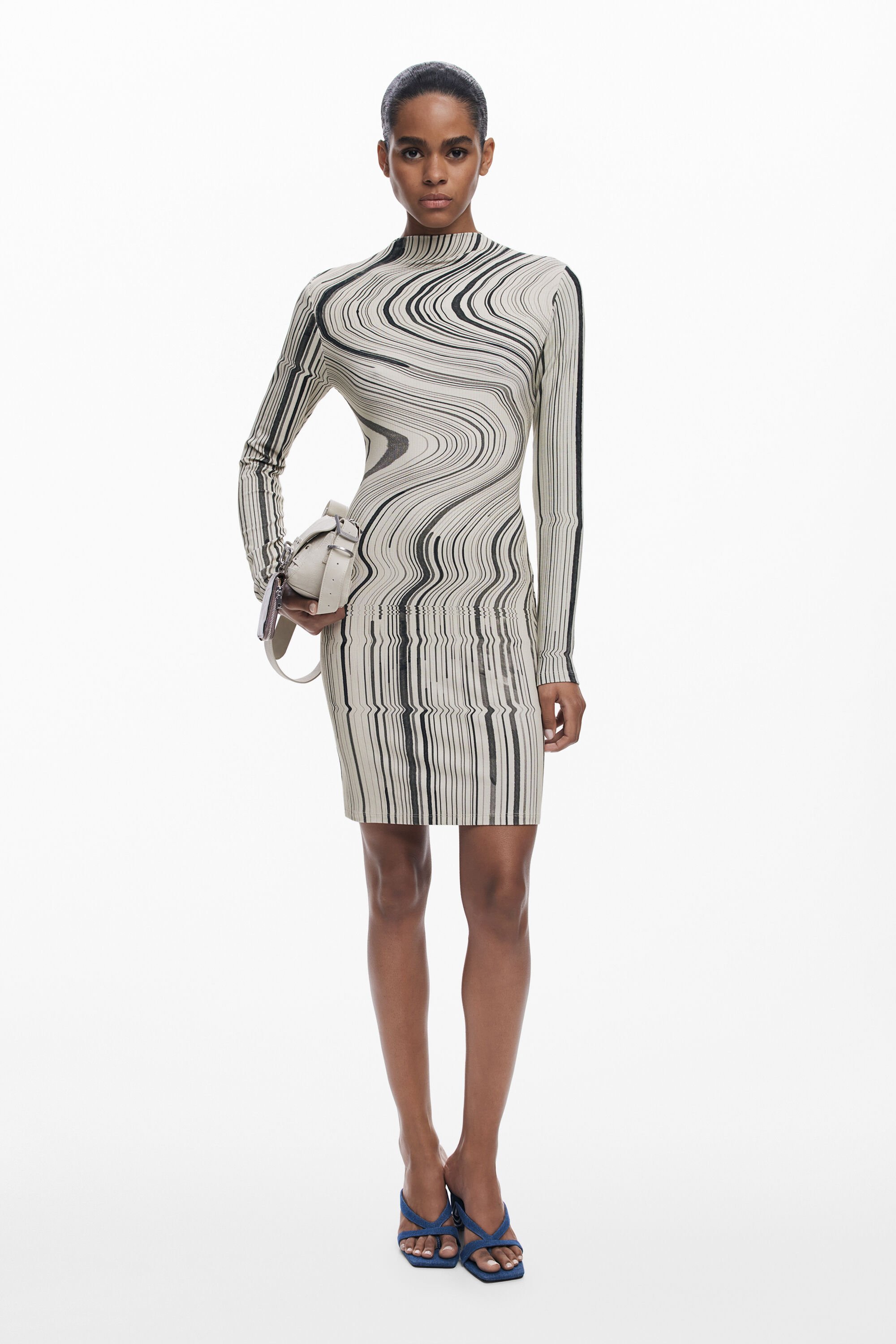 Desigual, Kleid mit wellenförmigen Streifen, Damen, Viskose, Weiß, S