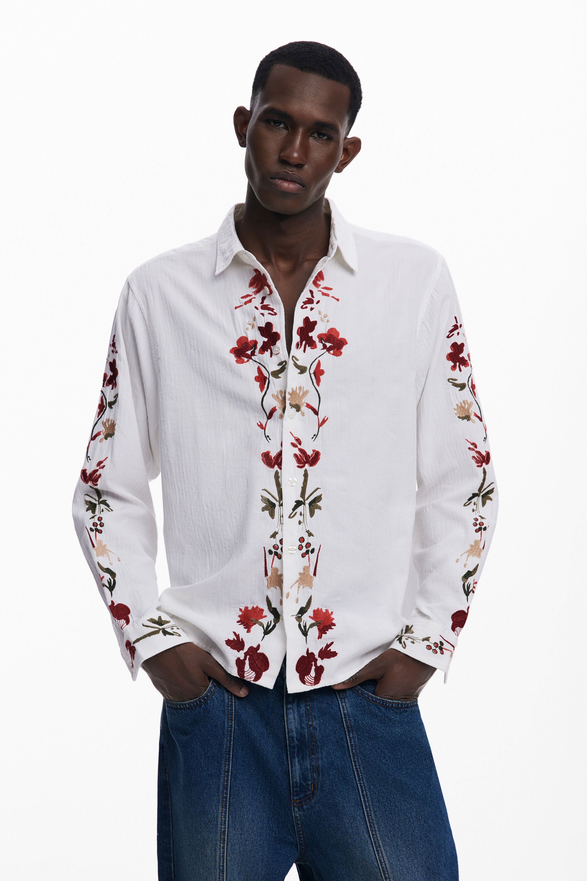 Desigual, Langarmhemd mit Blumenstickerei, Herren, Baumwolle, Weiß, M