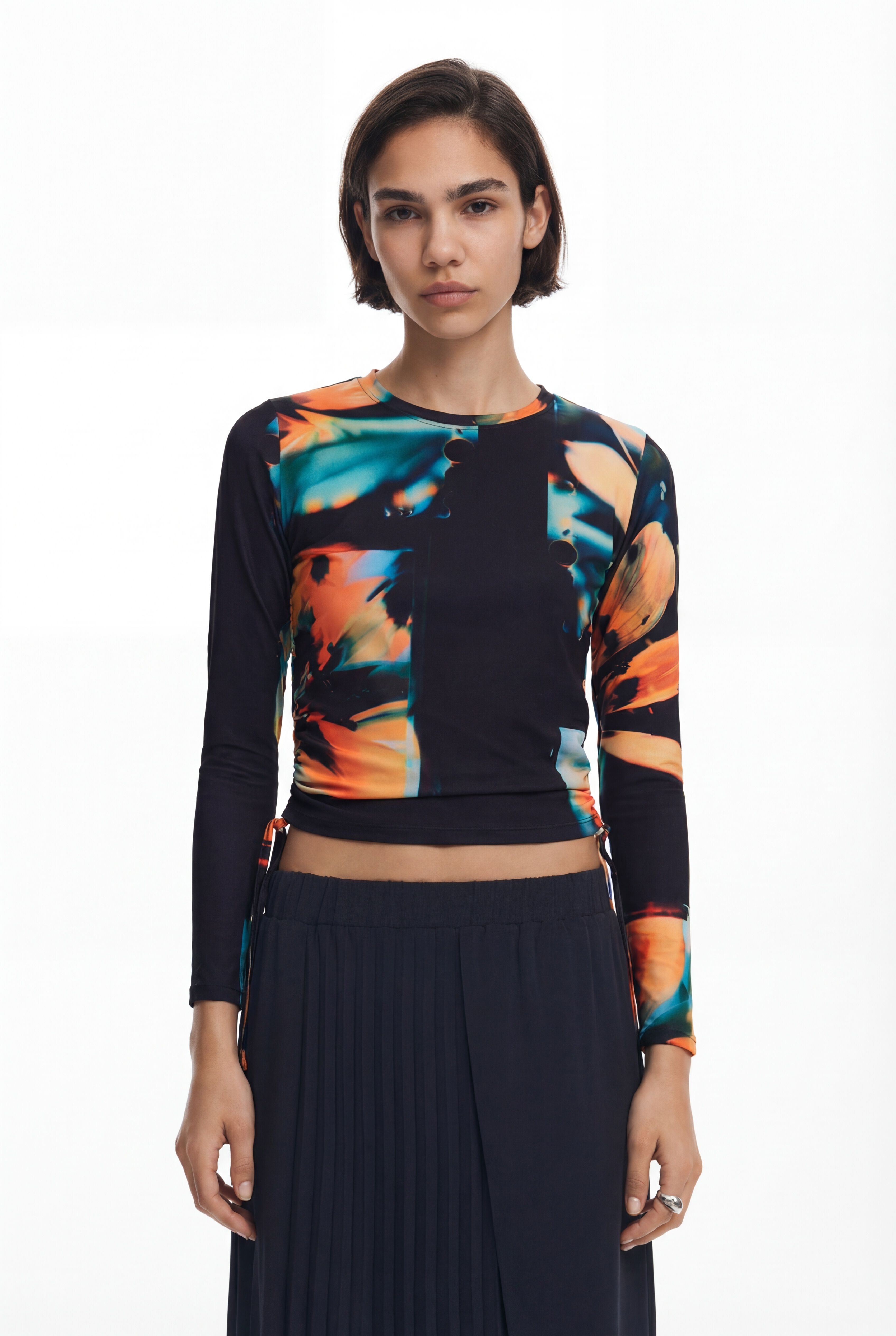 Desigual, Blumen-T-Shirt, Polyester, Schwarz, M