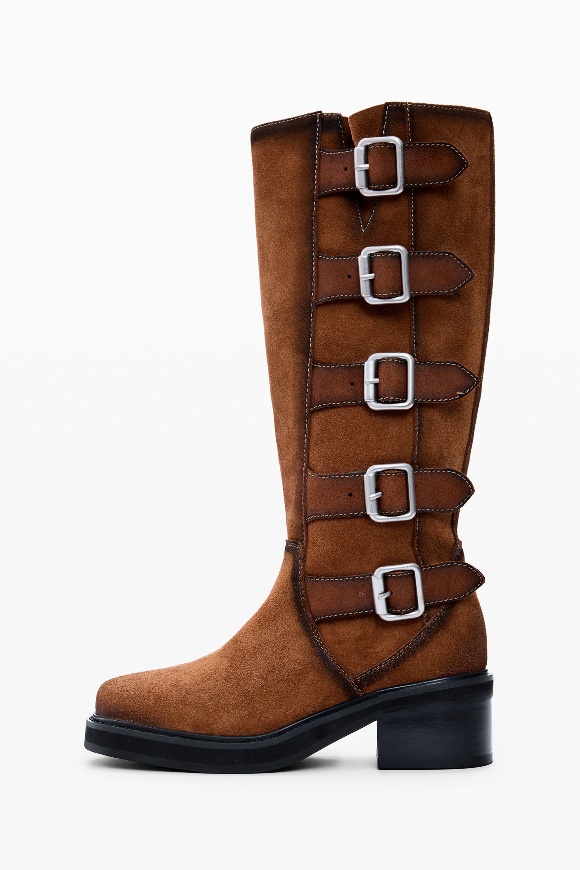 Desigual, Hoher Stiefel mit Schnallen aus Leder, Damen, Cow Leather, Braun, 37