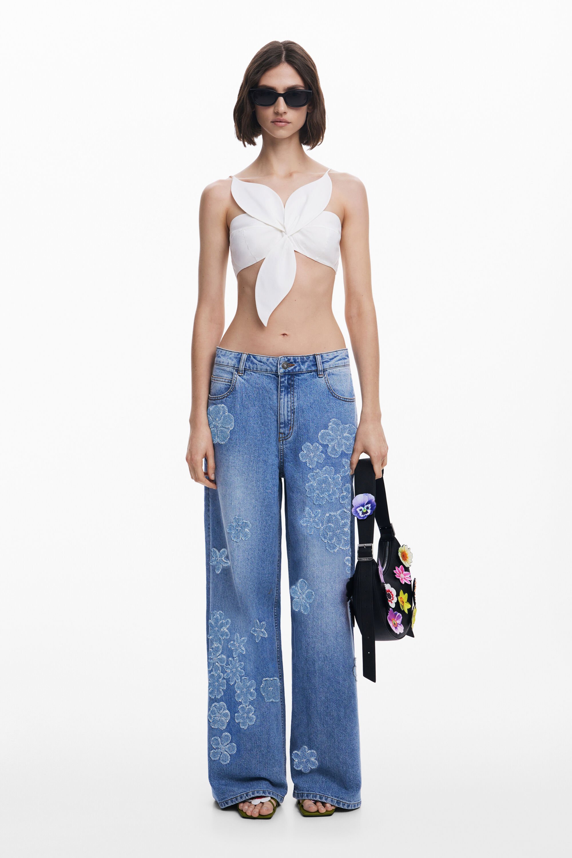 Desigual, Wide Leg Jeans Blumen Tyler McGillivary, Damen, Baumwolle, Blau, L