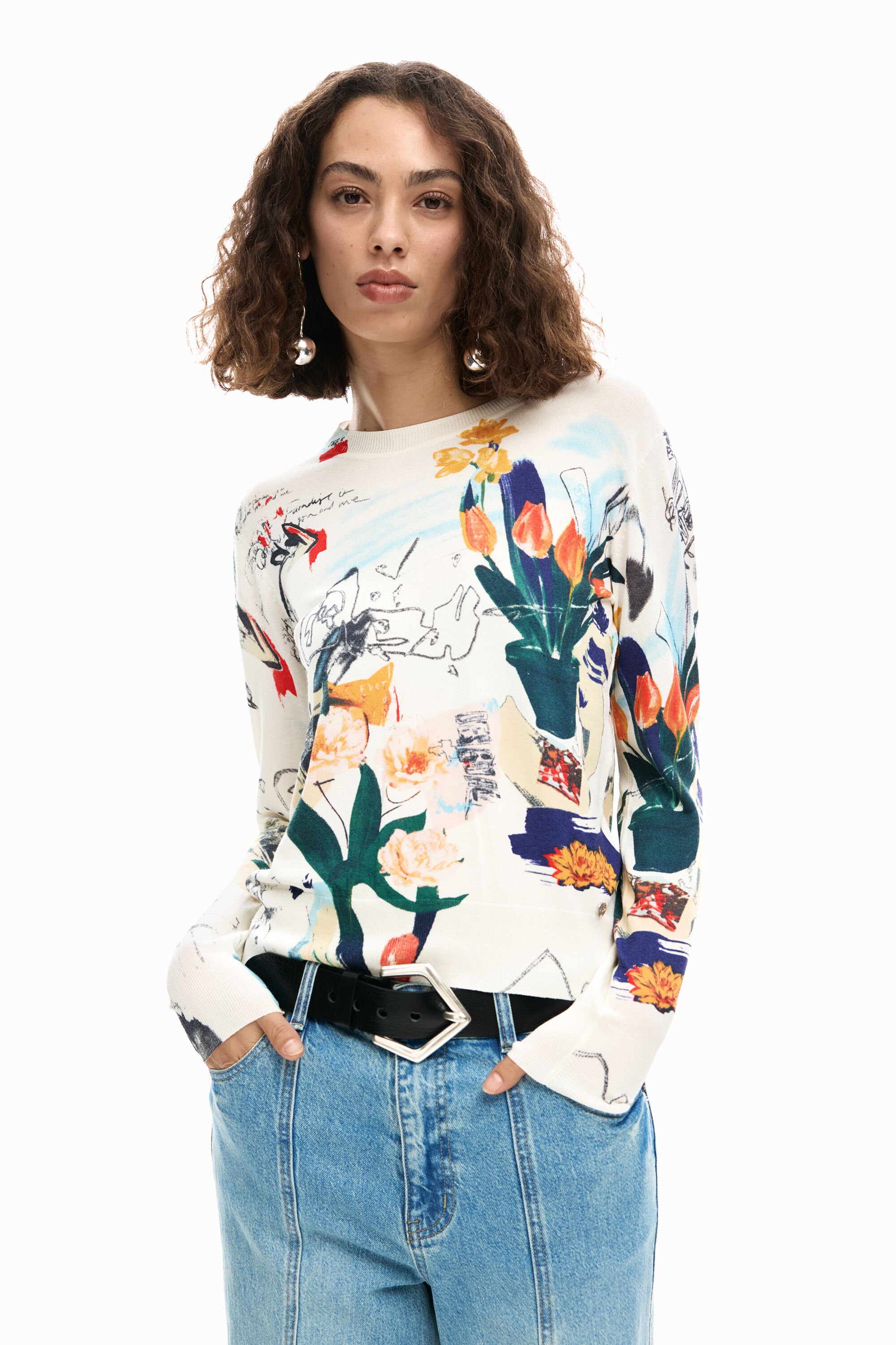 Desigual, Feiner Pullover mit Pflanzenmuster, Damen, Weiß, M