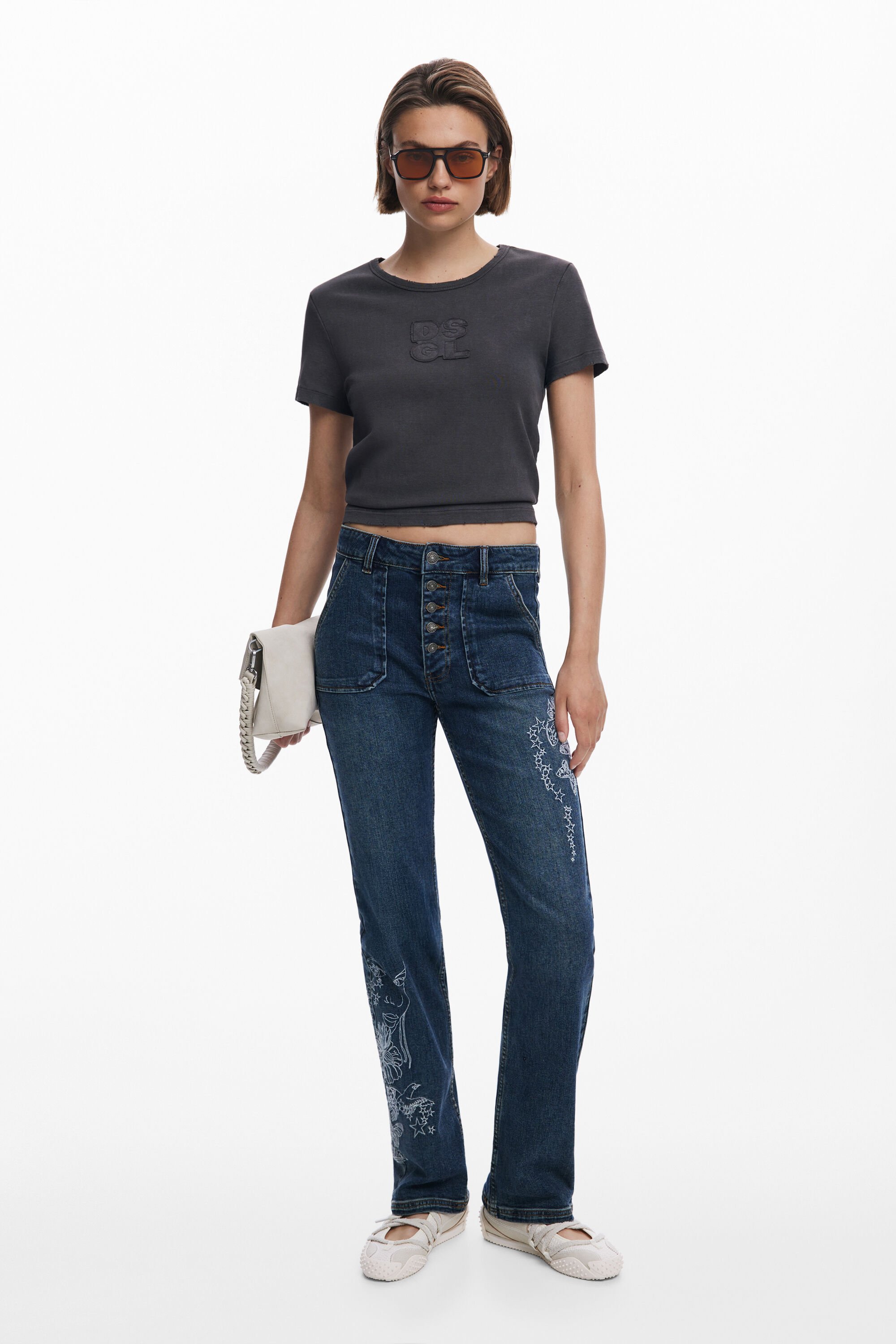Desigual, Jeans mit quadratischen bestickten Taschen, Damen, Baumwolle, Blau, 36