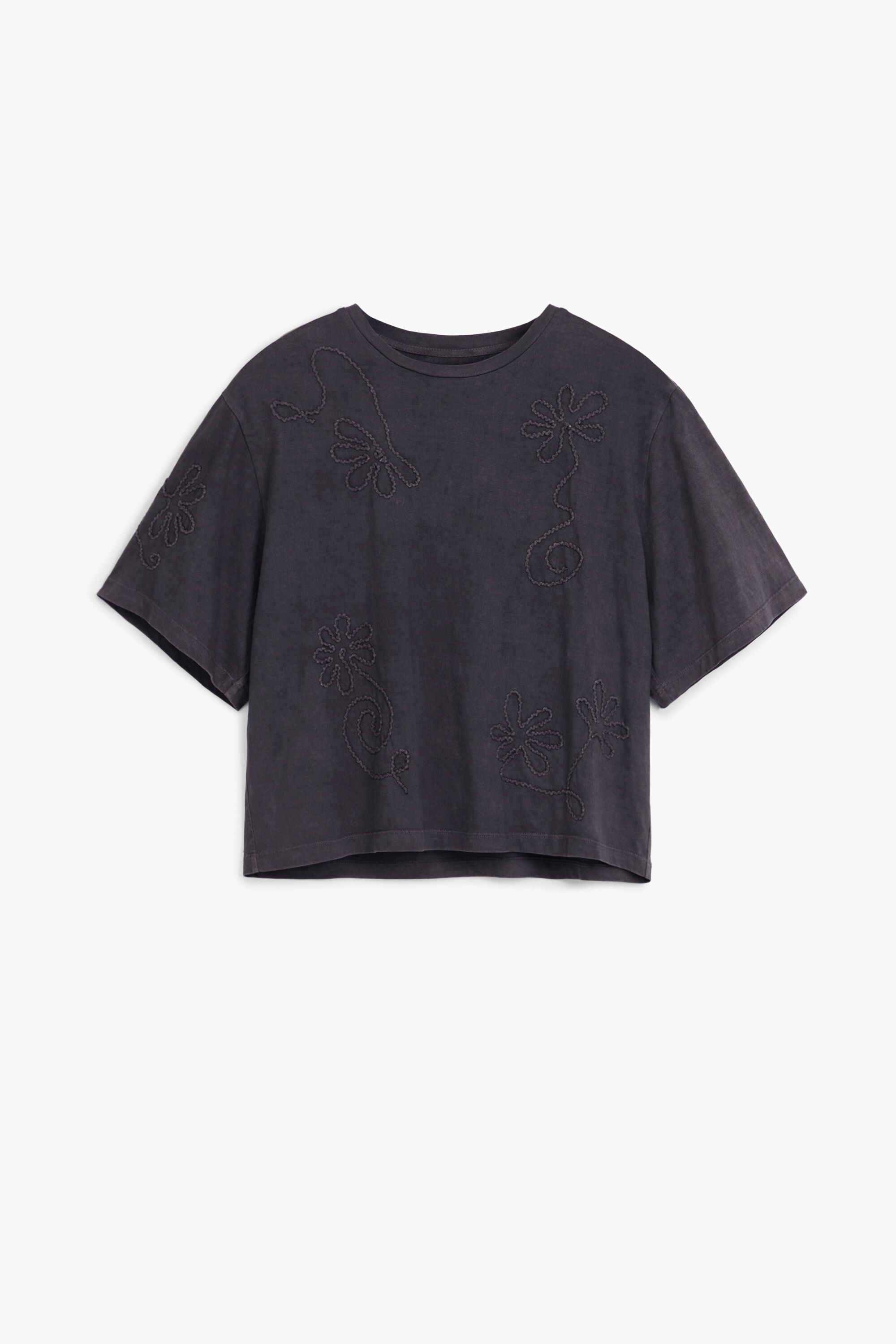 Desigual, T-Shirt mit gestickten Blumen, Baumwolle, Schwarz, M