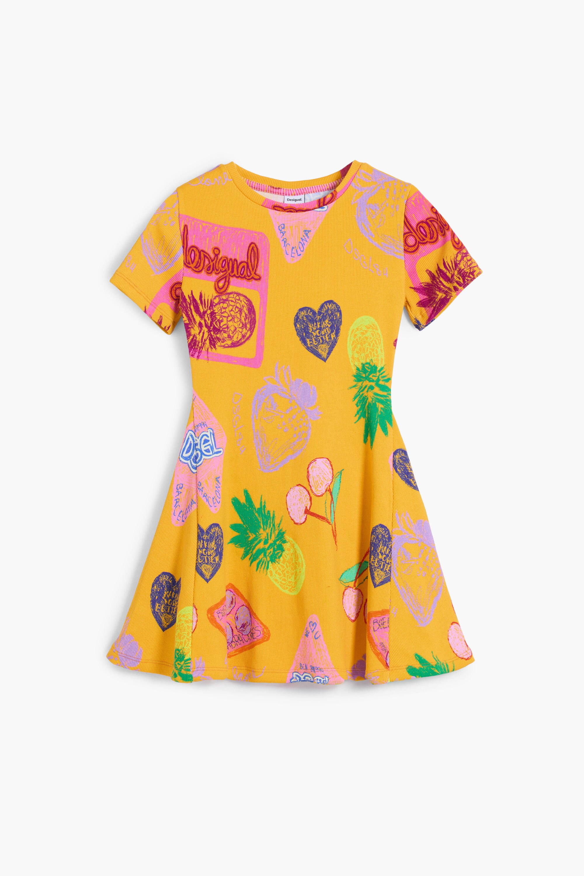 Desigual, Skaterkleid mit Aufdrucken, Kinder, Baumwolle, Gelb, 3/4